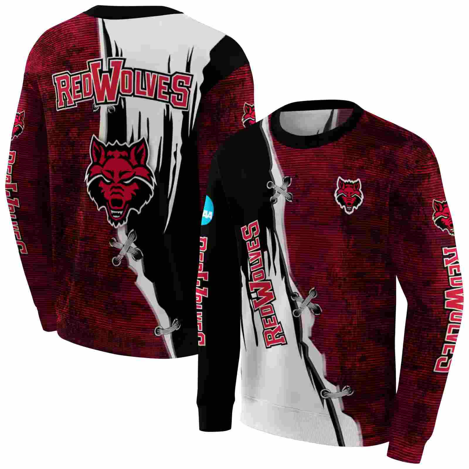 arkansas state red wolves ripped pattern scarlet black white hoodie premium grade