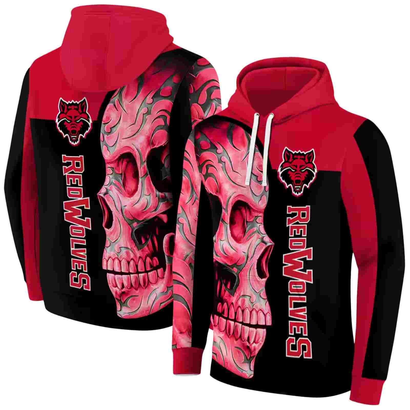 arkansas state red wolves skull motif scarlet black hoodie fashion forward