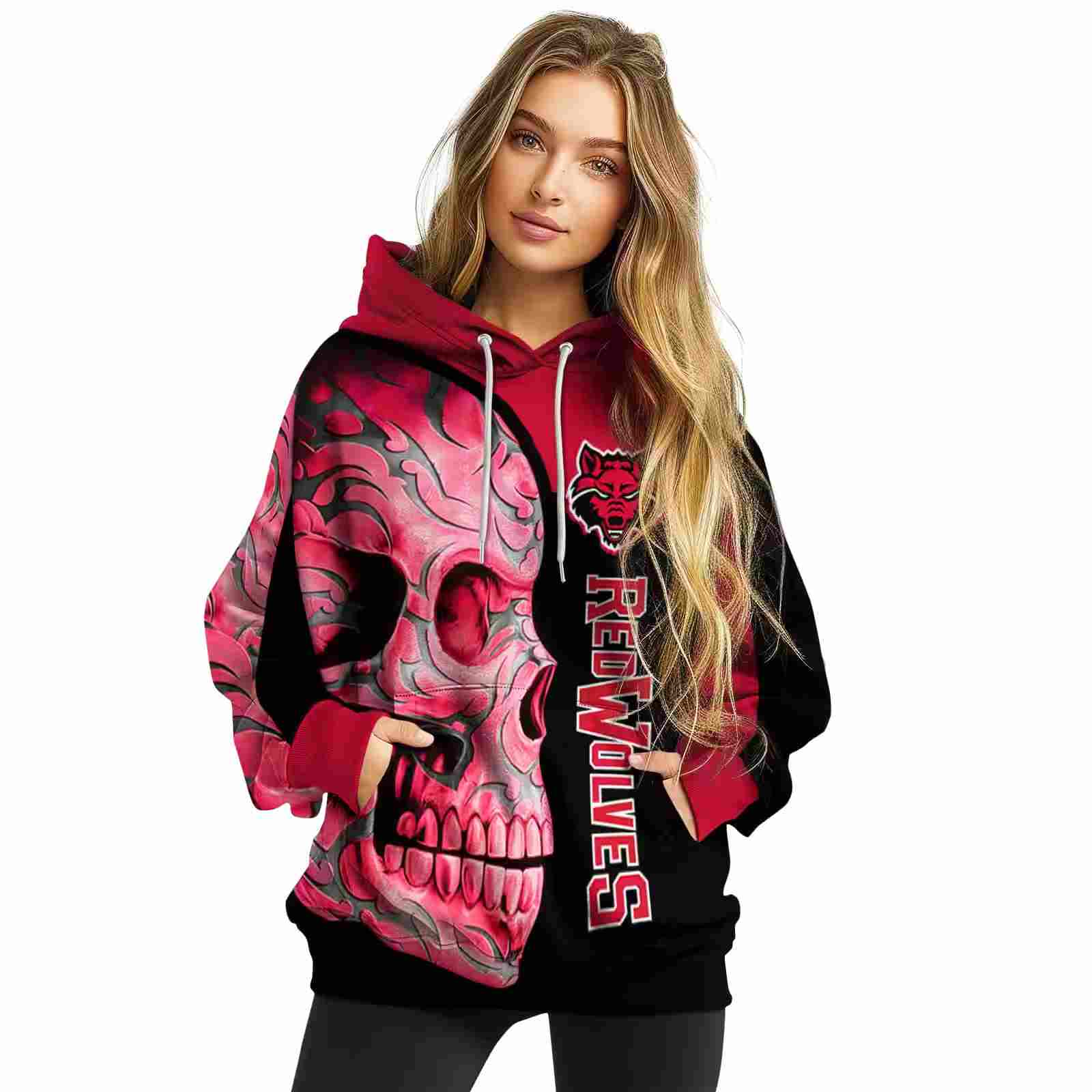 arkansas state red wolves skull motif scarlet black hoodie high quality