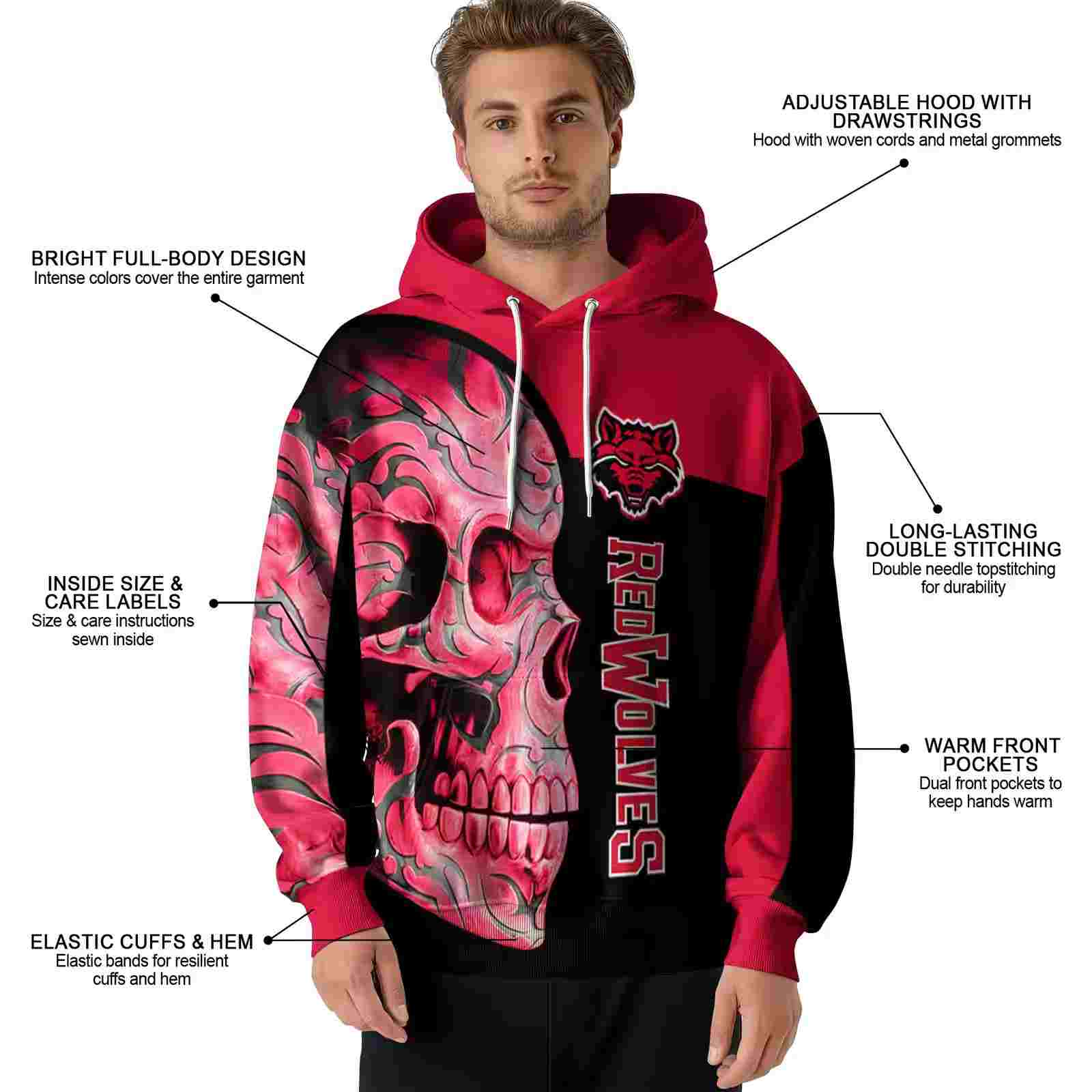 arkansas state red wolves skull motif scarlet black hoodie latest model