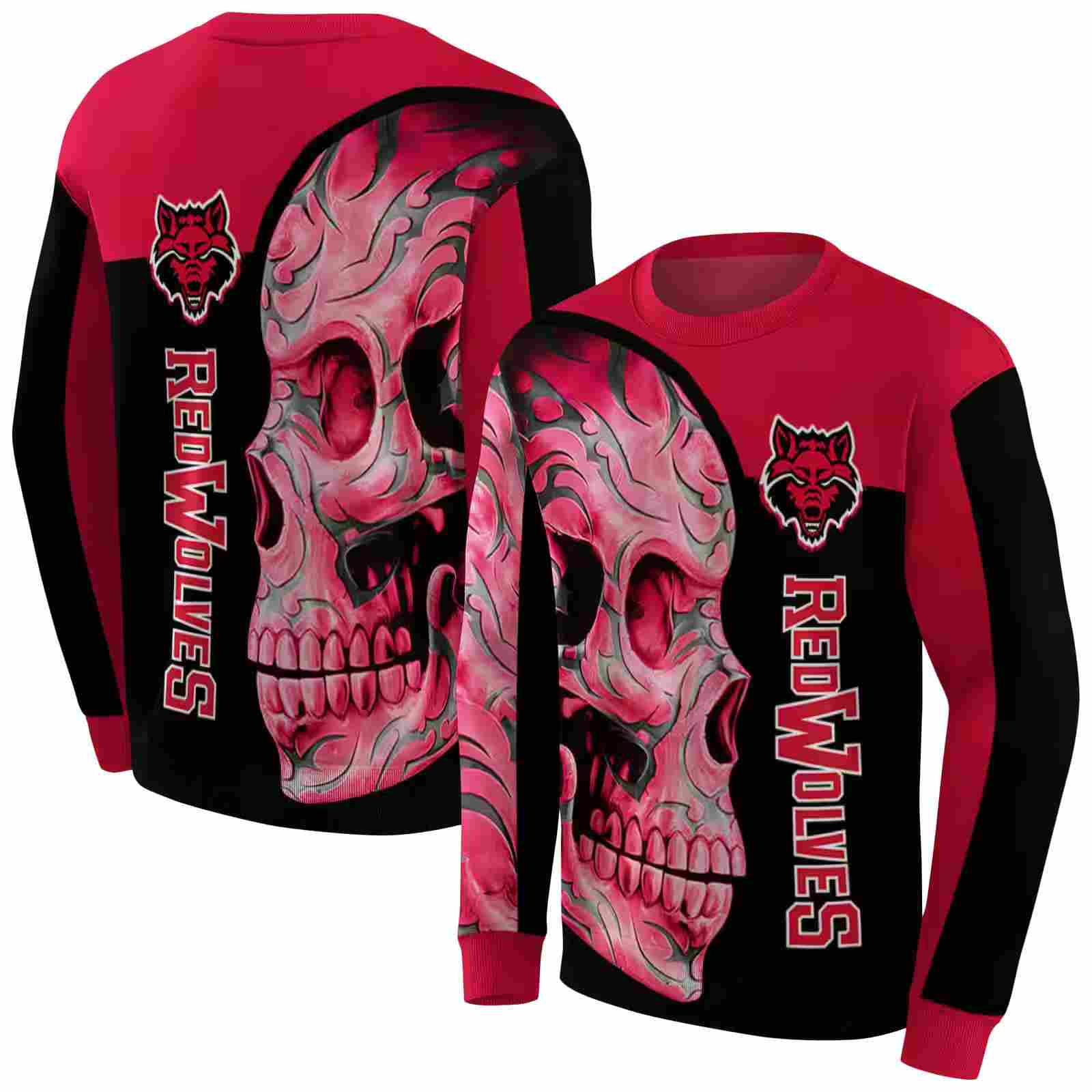 arkansas state red wolves skull motif scarlet black hoodie premium grade