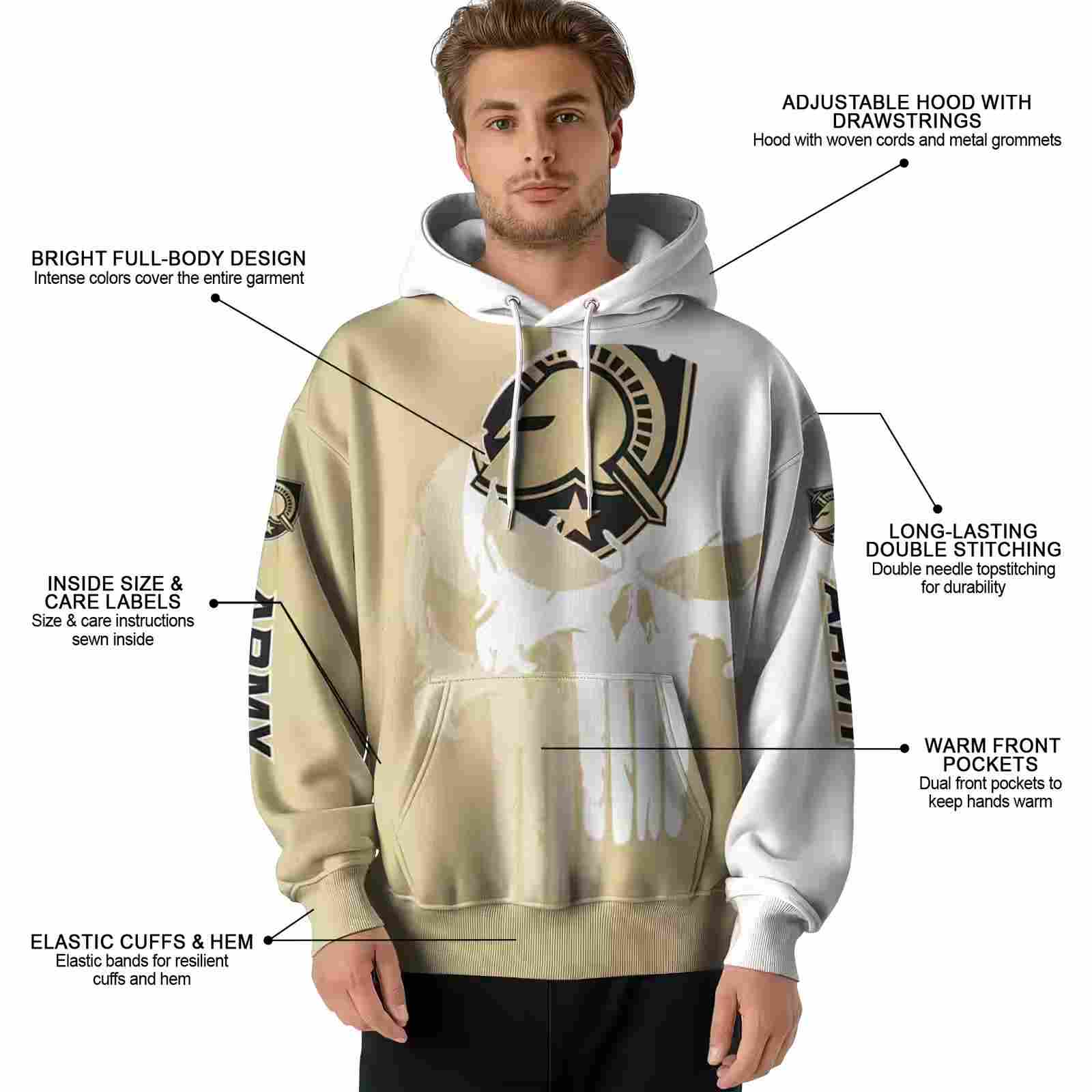 army black knights graphic punisher gold white hoodie latest model