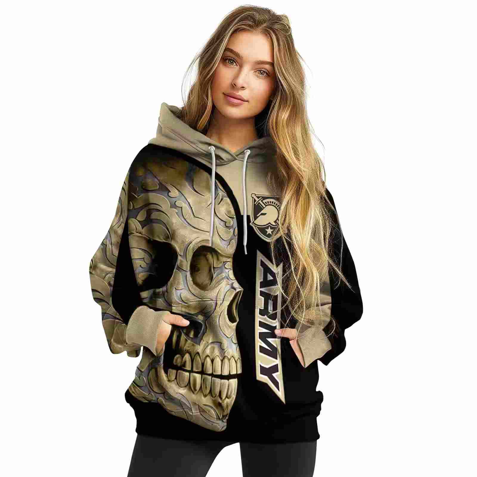 army black knights skull motif gold black hoodie high quality