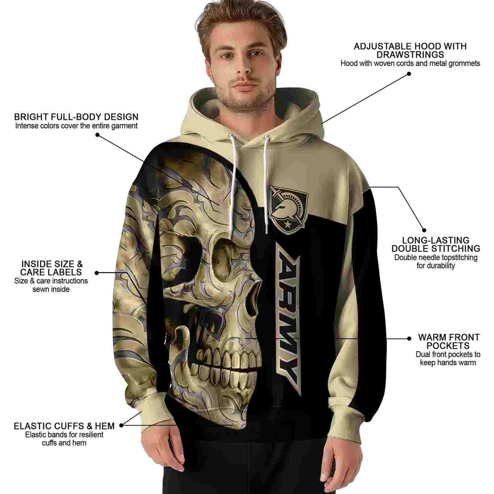 army black knights skull motif gold black hoodie latest model