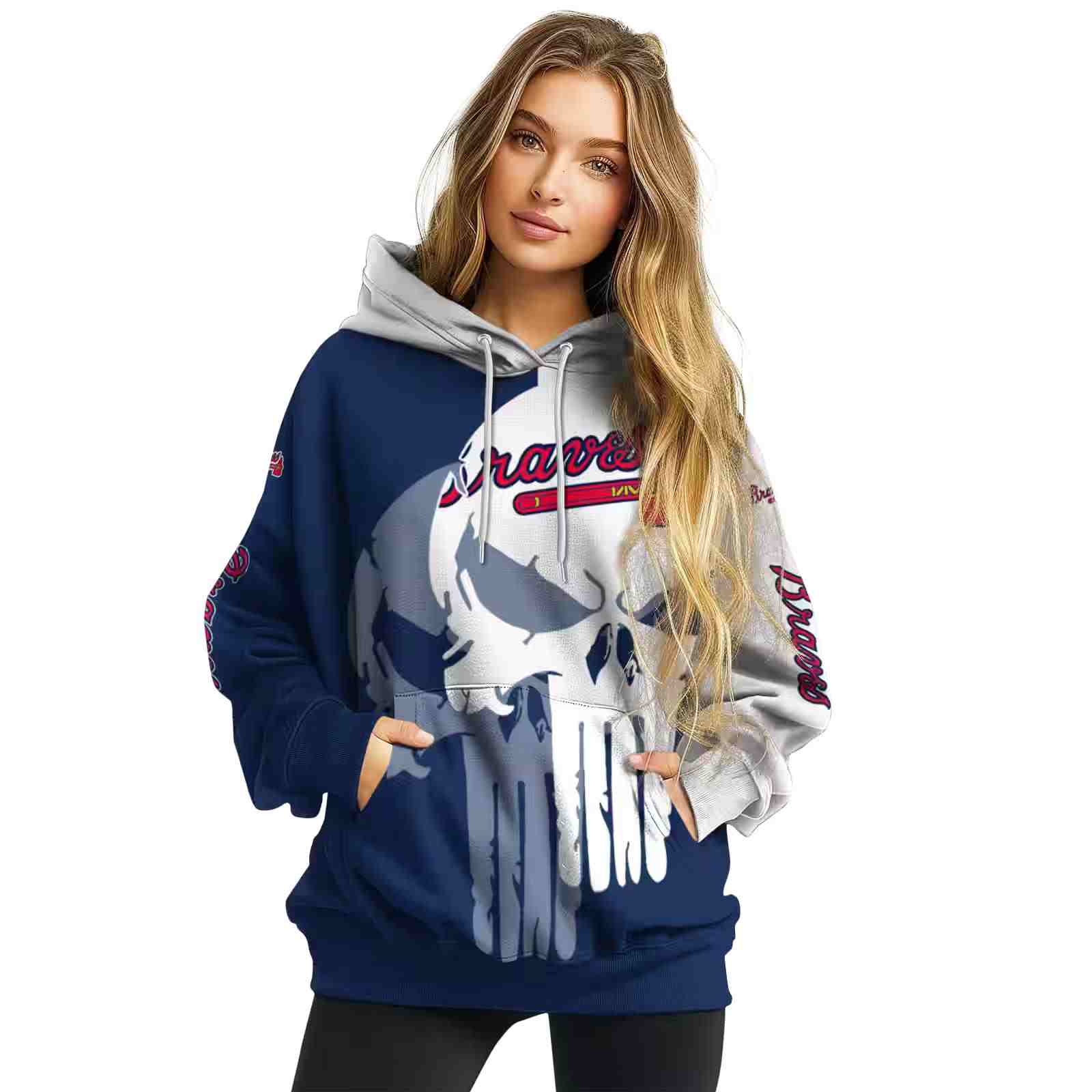 atlanta braves graphic punisher navy white hoodie high quality