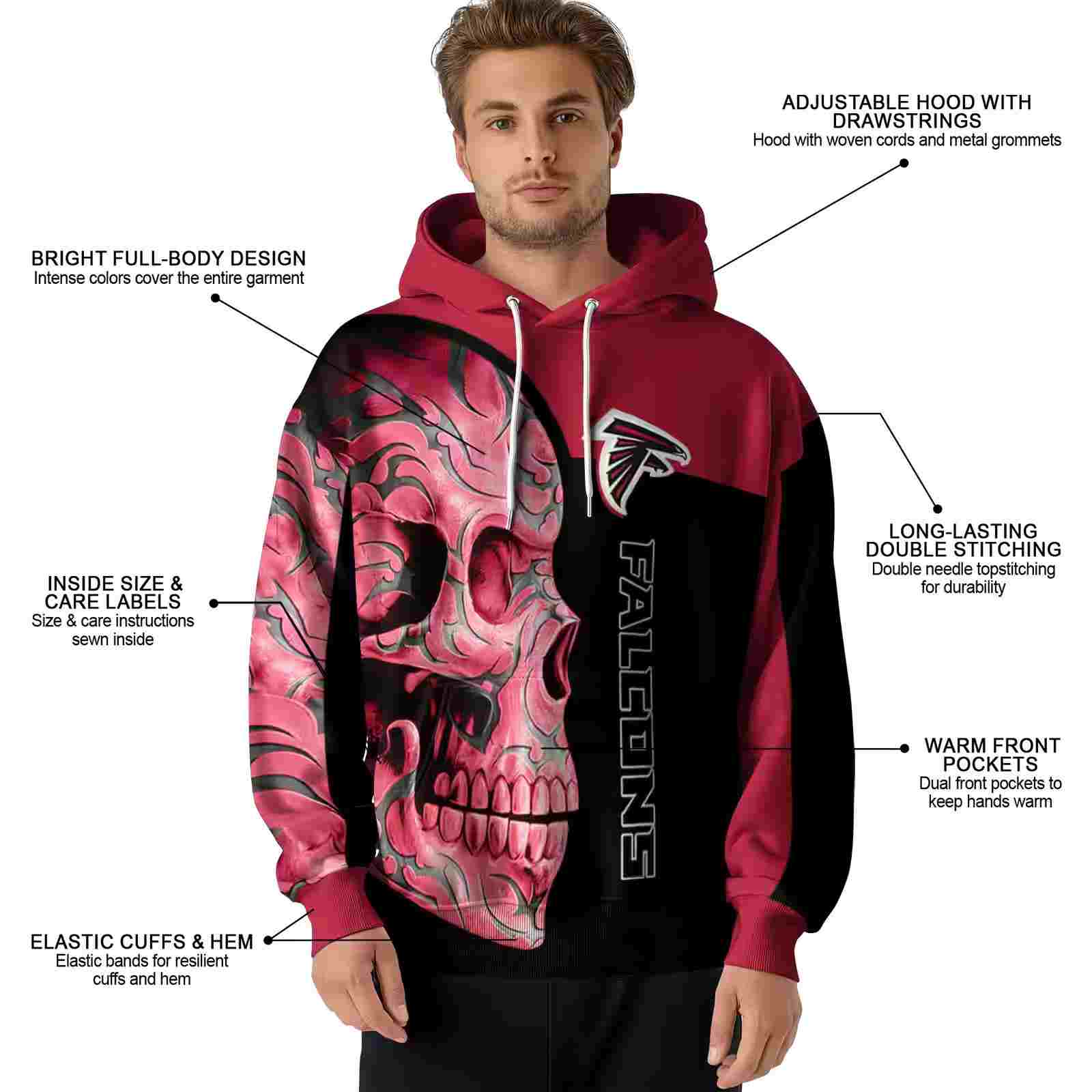 atlanta falcons skull motif red black hoodie latest model