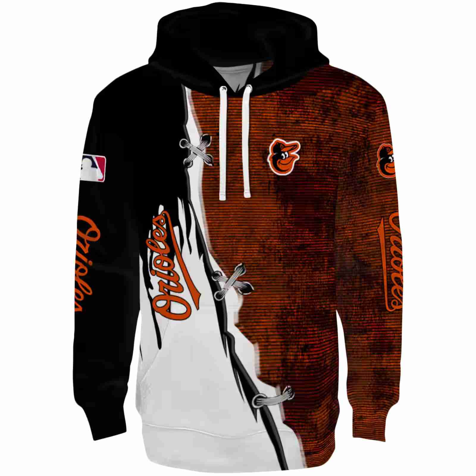 Baltimore Orioles Ripped Pattern Orange Black White Hoodie