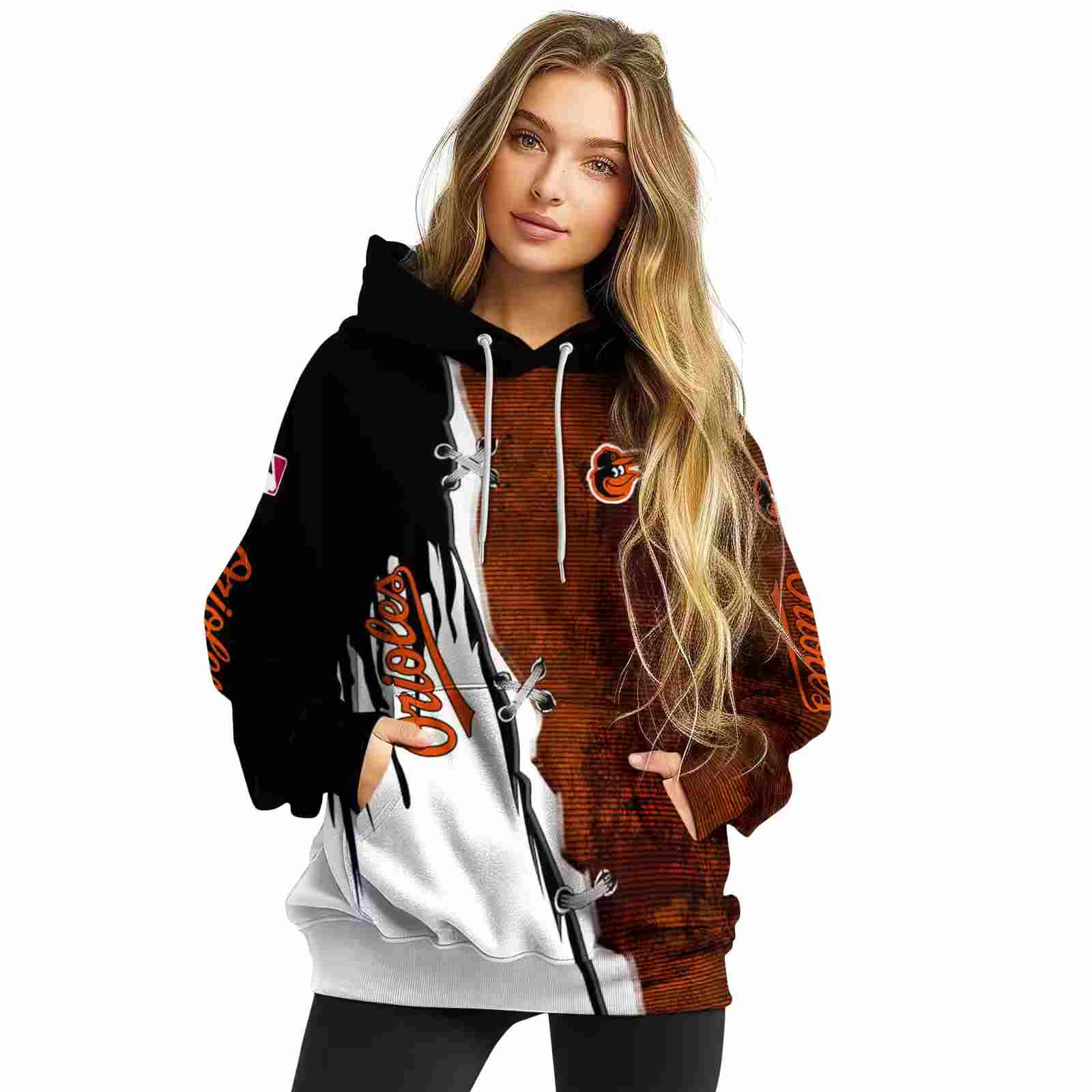 baltimore orioles ripped pattern orange black white hoodie high quality