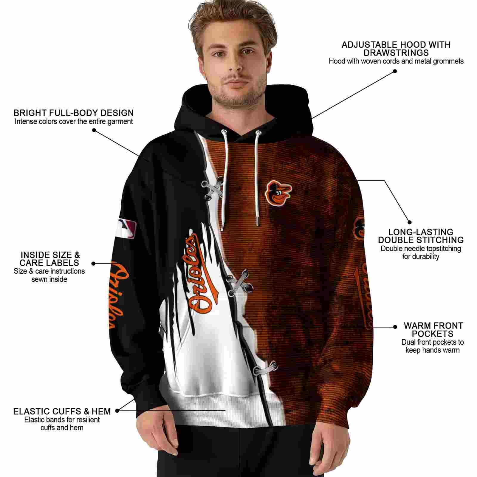 baltimore orioles ripped pattern orange black white hoodie latest model