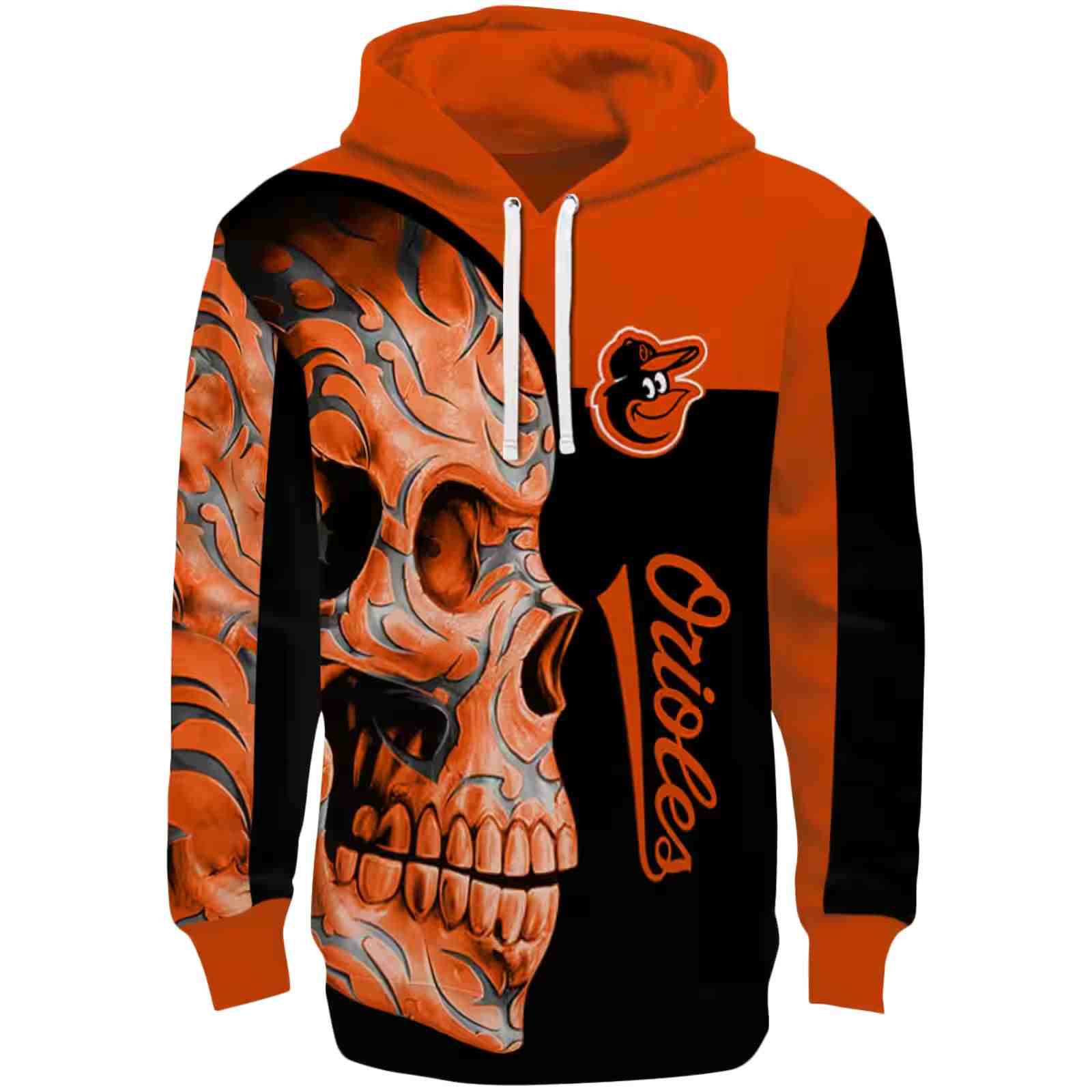 Baltimore Orioles Skull Motif Orange Black Hoodie