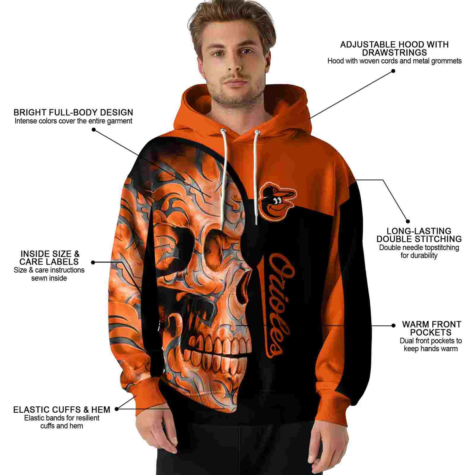 baltimore orioles skull motif orange black hoodie latest model