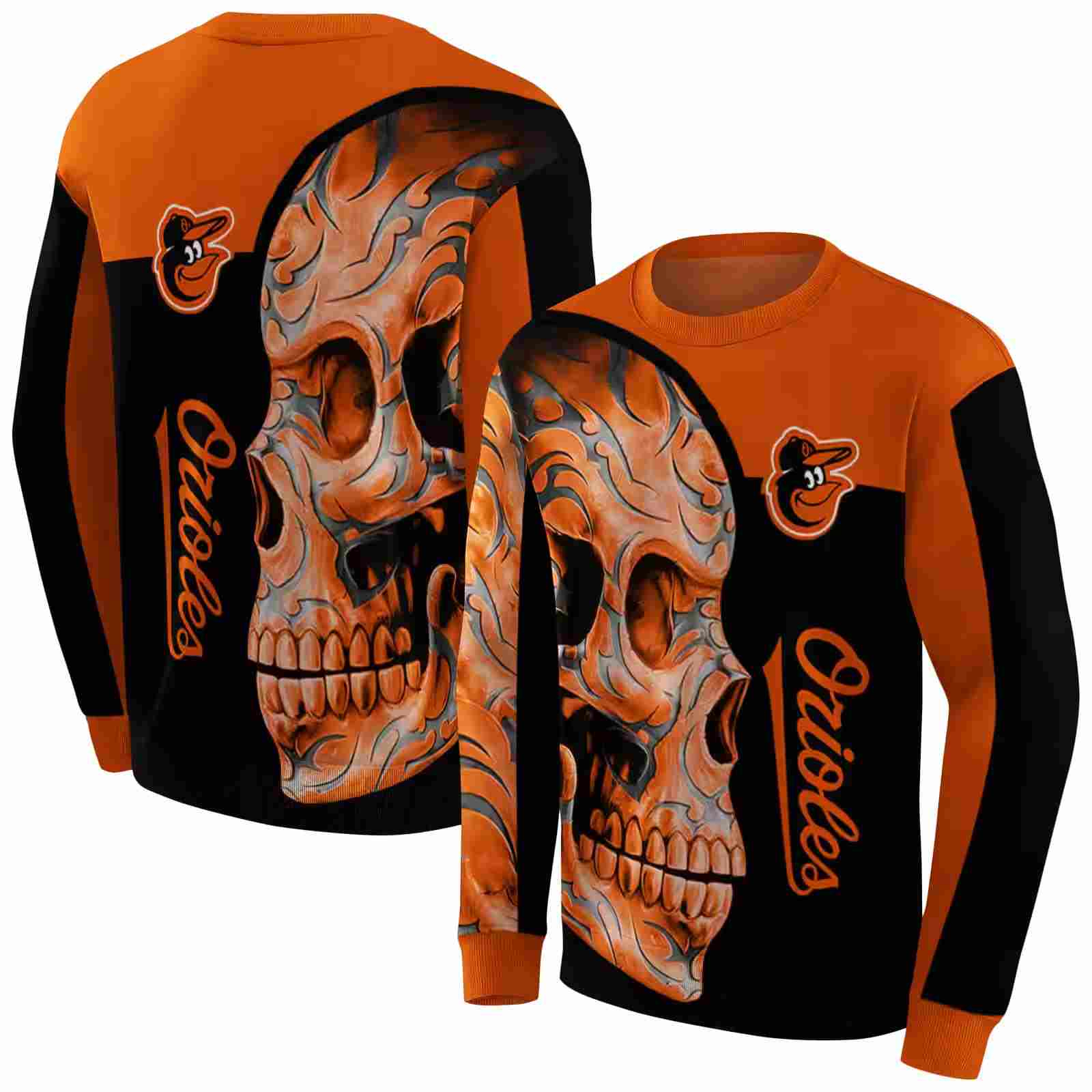 baltimore orioles skull motif orange black hoodie premium grade