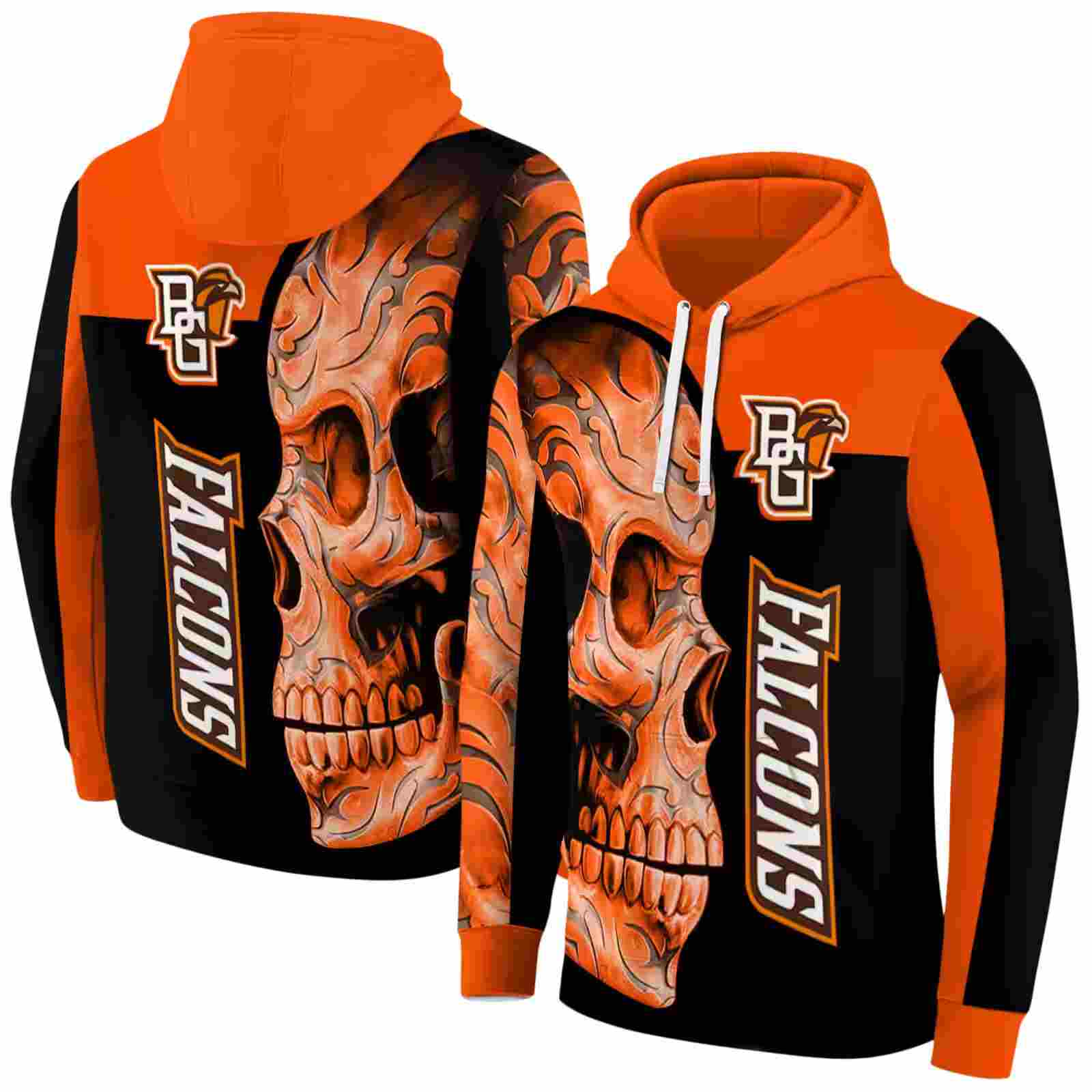 bowling green falcons skull motif orange black hoodie fashion forward