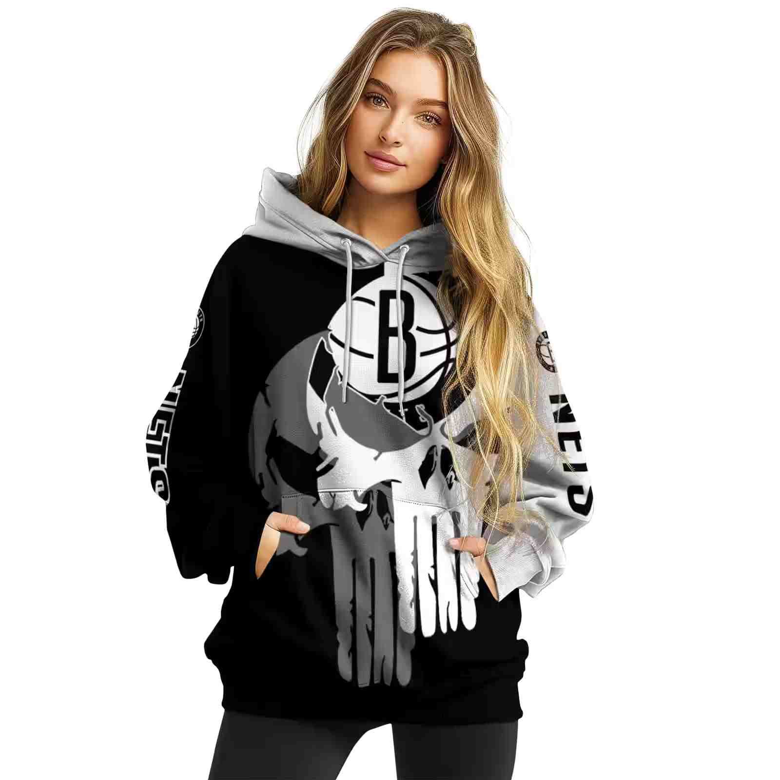 brooklyn nets graphic punisher black white hoodie high quality