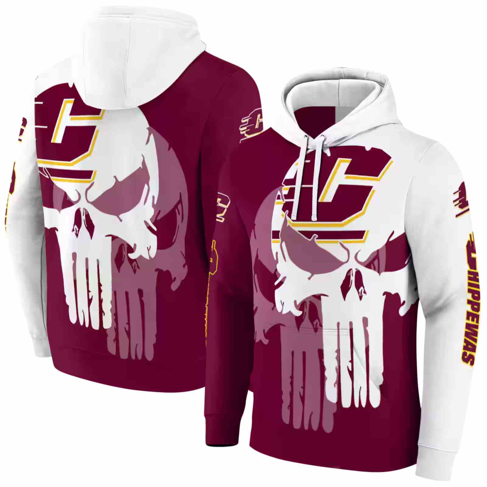 central michigan chippewas graphic punisher maroon white hoodie fashion forward
