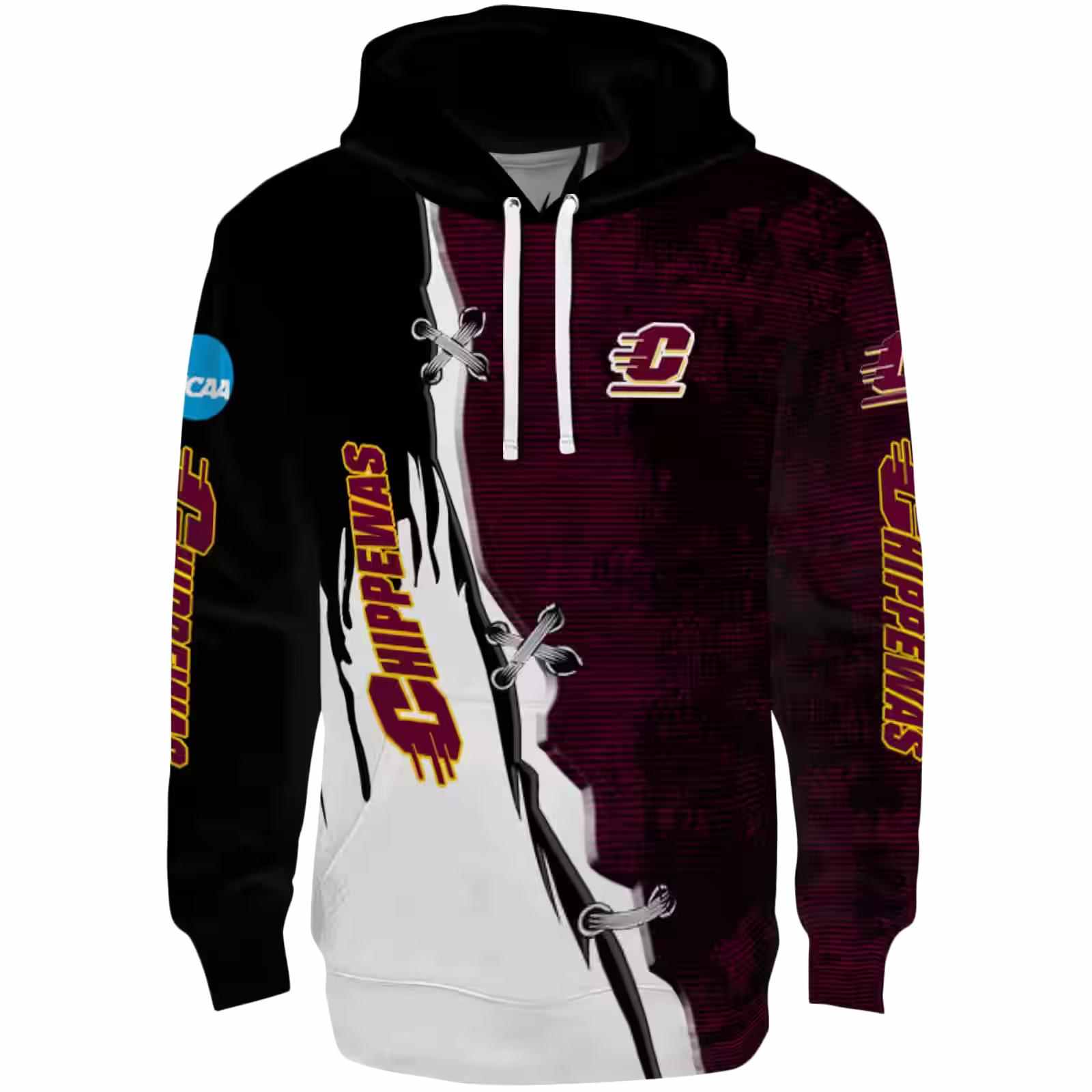 Central Michigan Chippewas Ripped Pattern Maroon Black White Hoodie