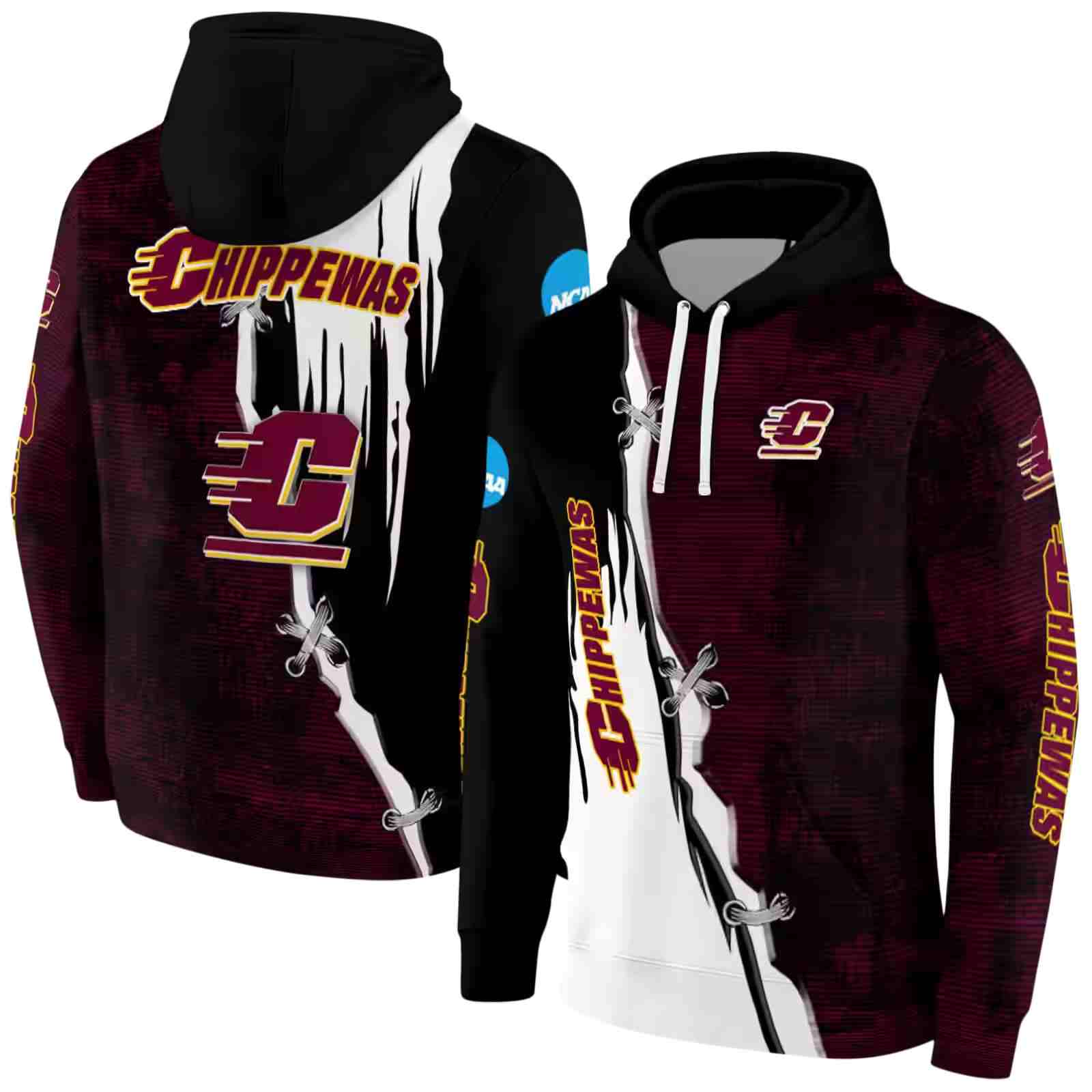 central michigan chippewas ripped pattern maroon black white hoodie fashion forward
