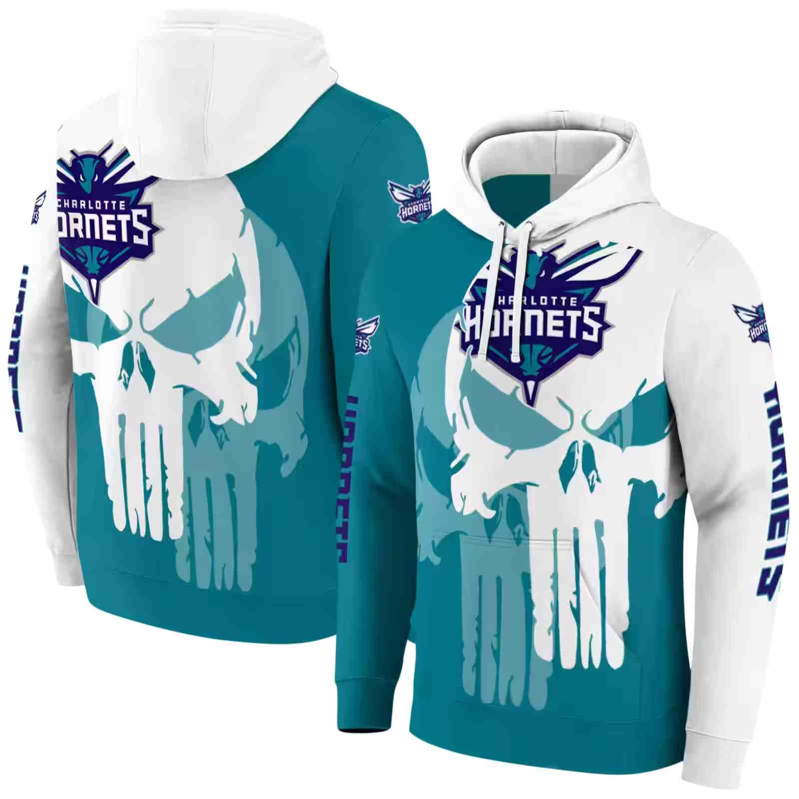 charlotte hornets graphic punisher teal white hoodie fashion forward