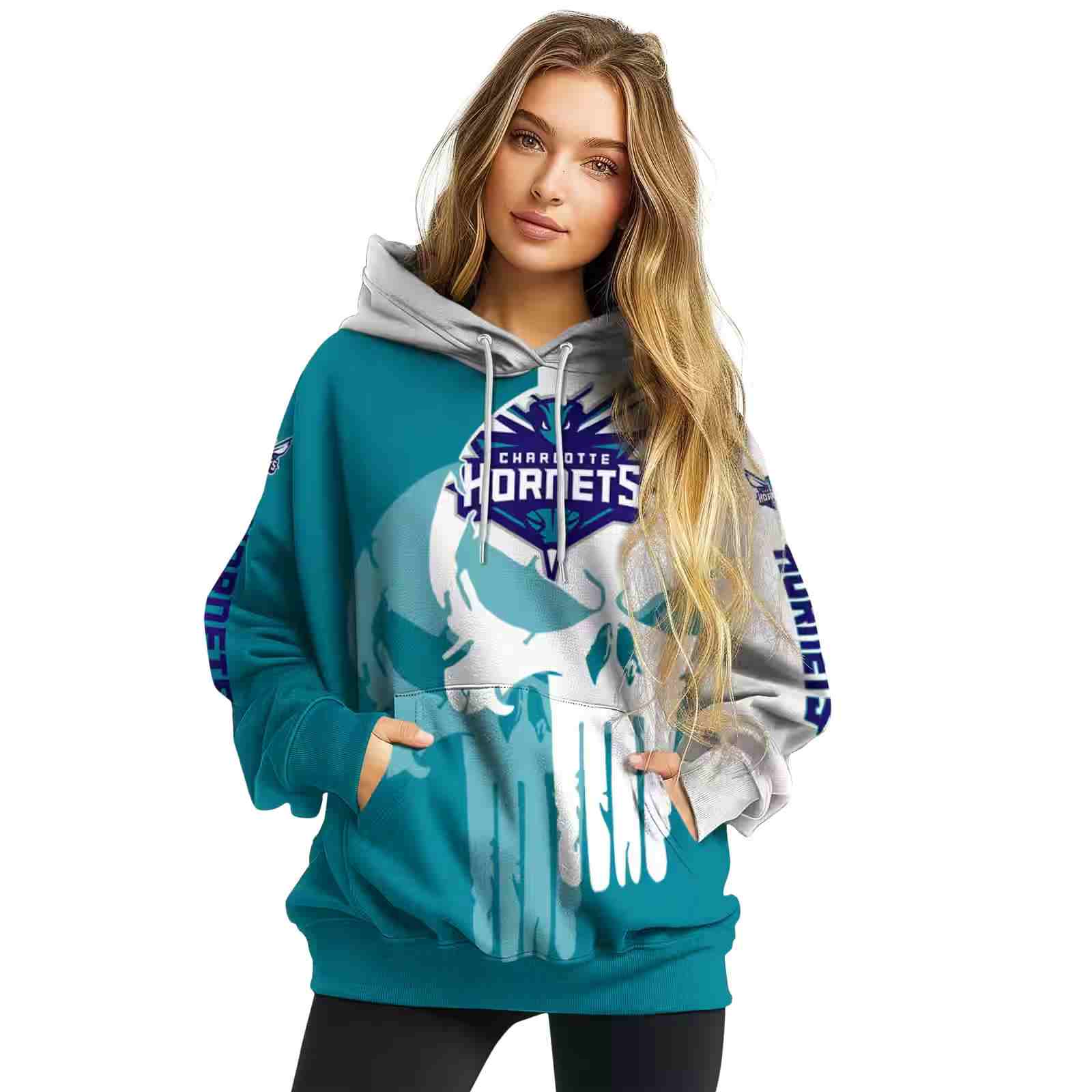 charlotte hornets graphic punisher teal white hoodie high quality