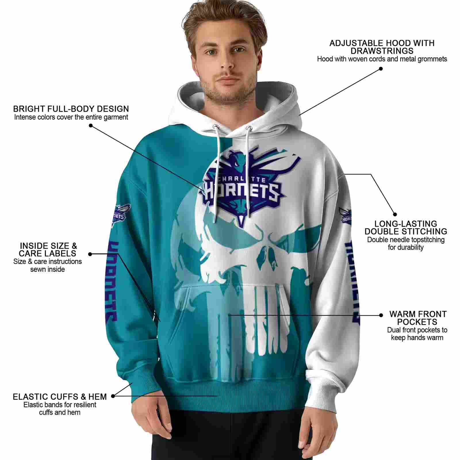 charlotte hornets graphic punisher teal white hoodie latest model