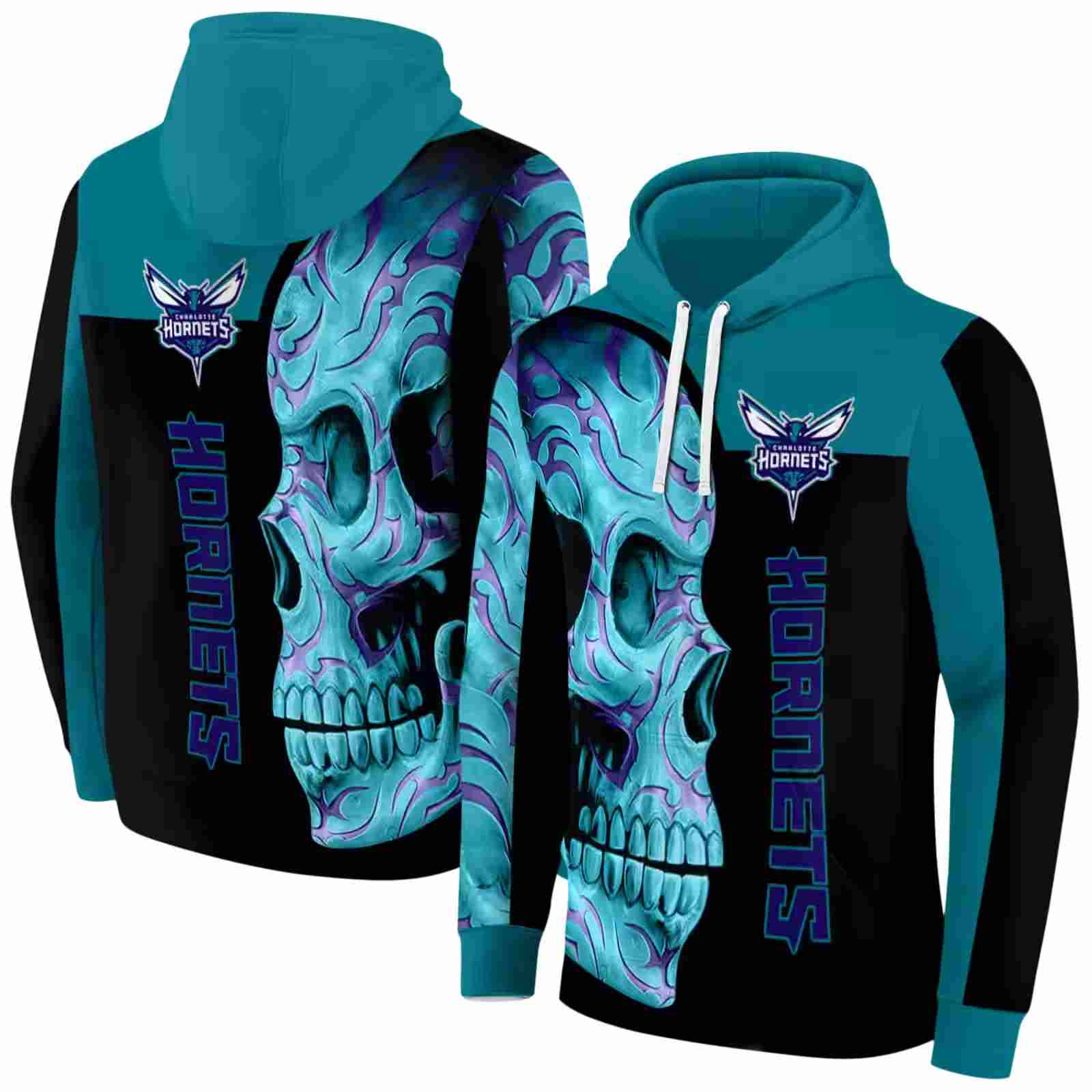 charlotte hornets skull motif teal black hoodie fashion forward