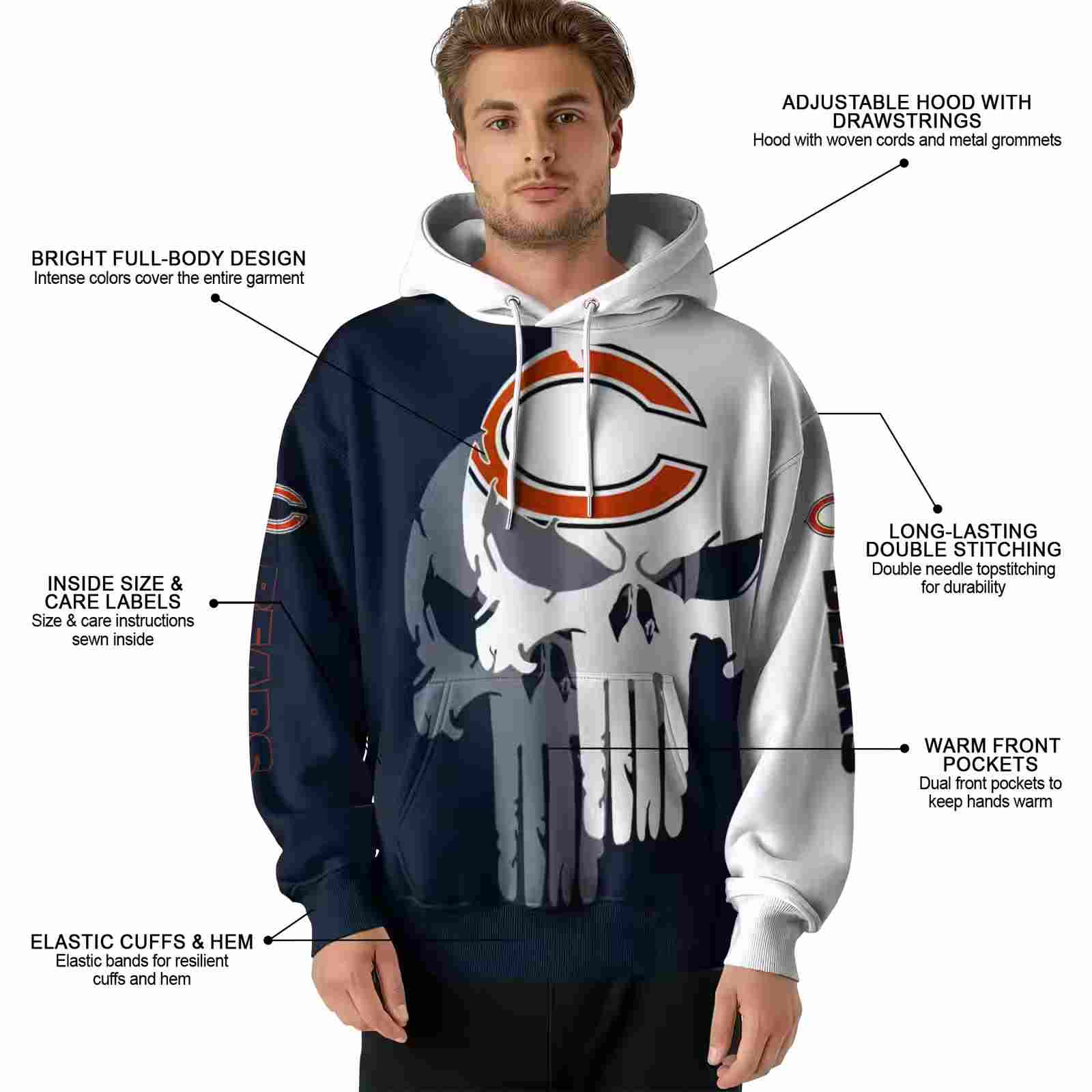 chicago bears graphic punisher blue white hoodie latest model