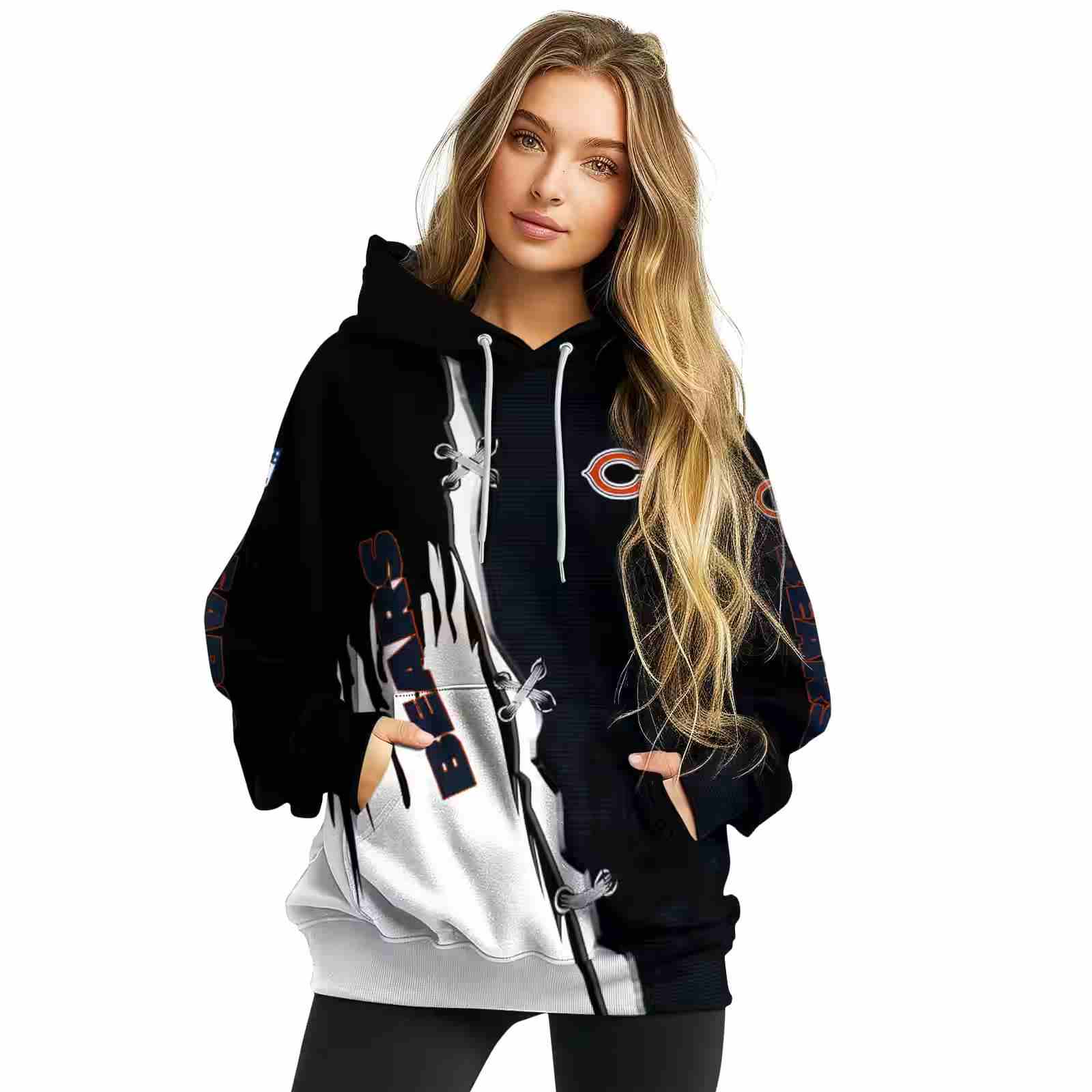 chicago bears ripped pattern blue black white hoodie high quality