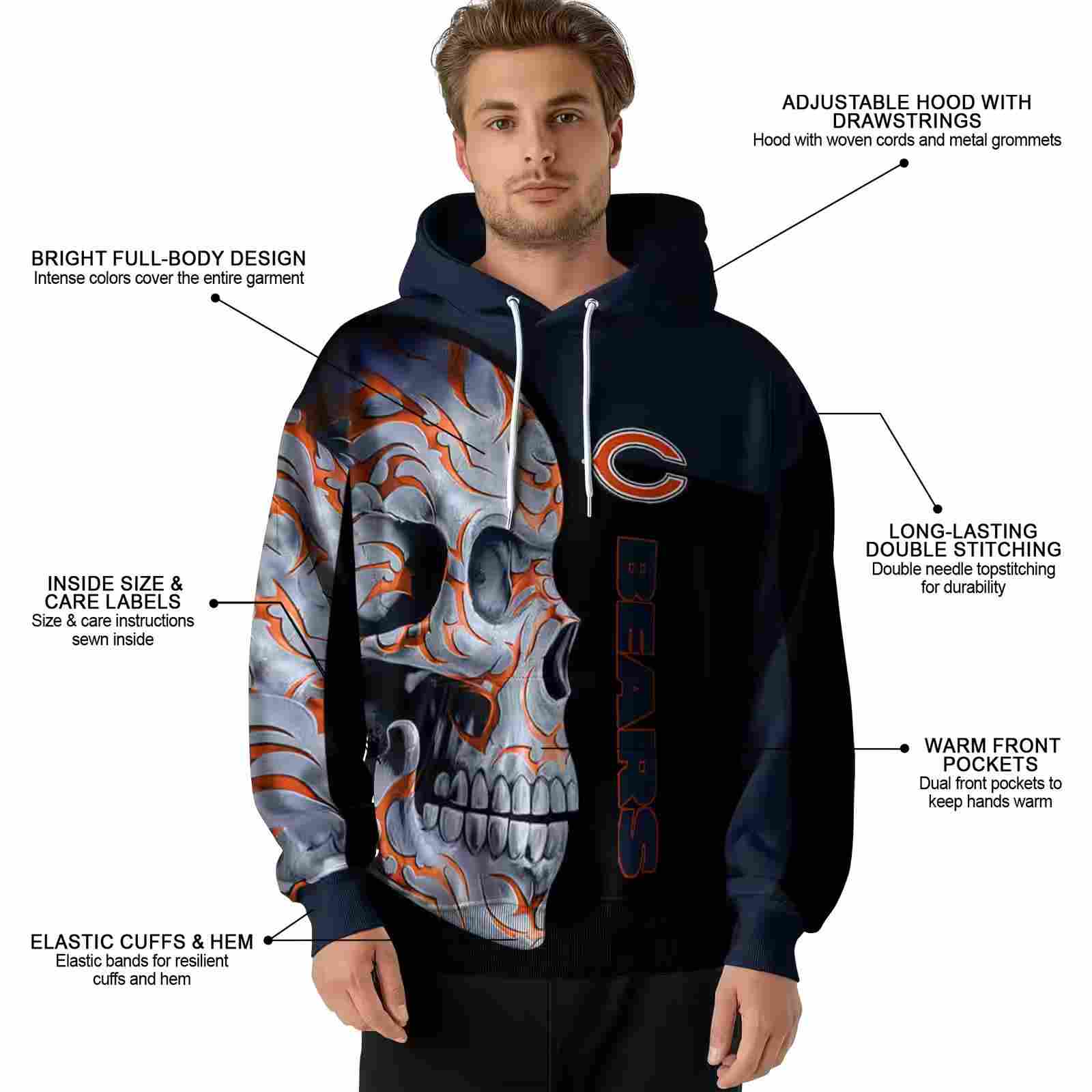 chicago bears skull motif blue black hoodie latest model