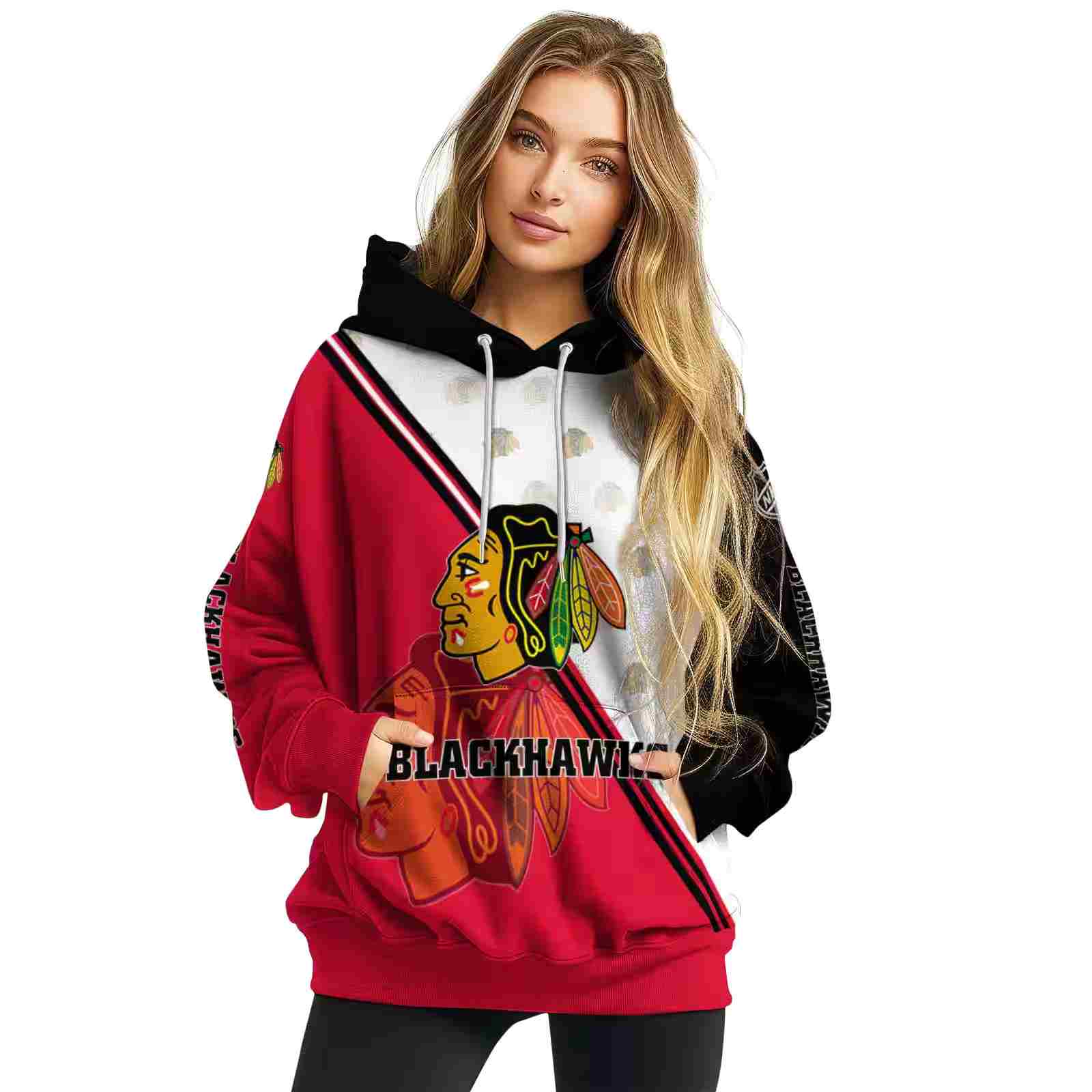 chicago blackhawks diagonal stripe red white hoodie high quality