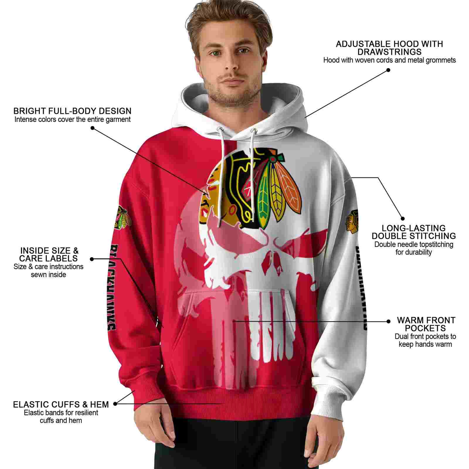 chicago blackhawks graphic punisher red white hoodie latest model