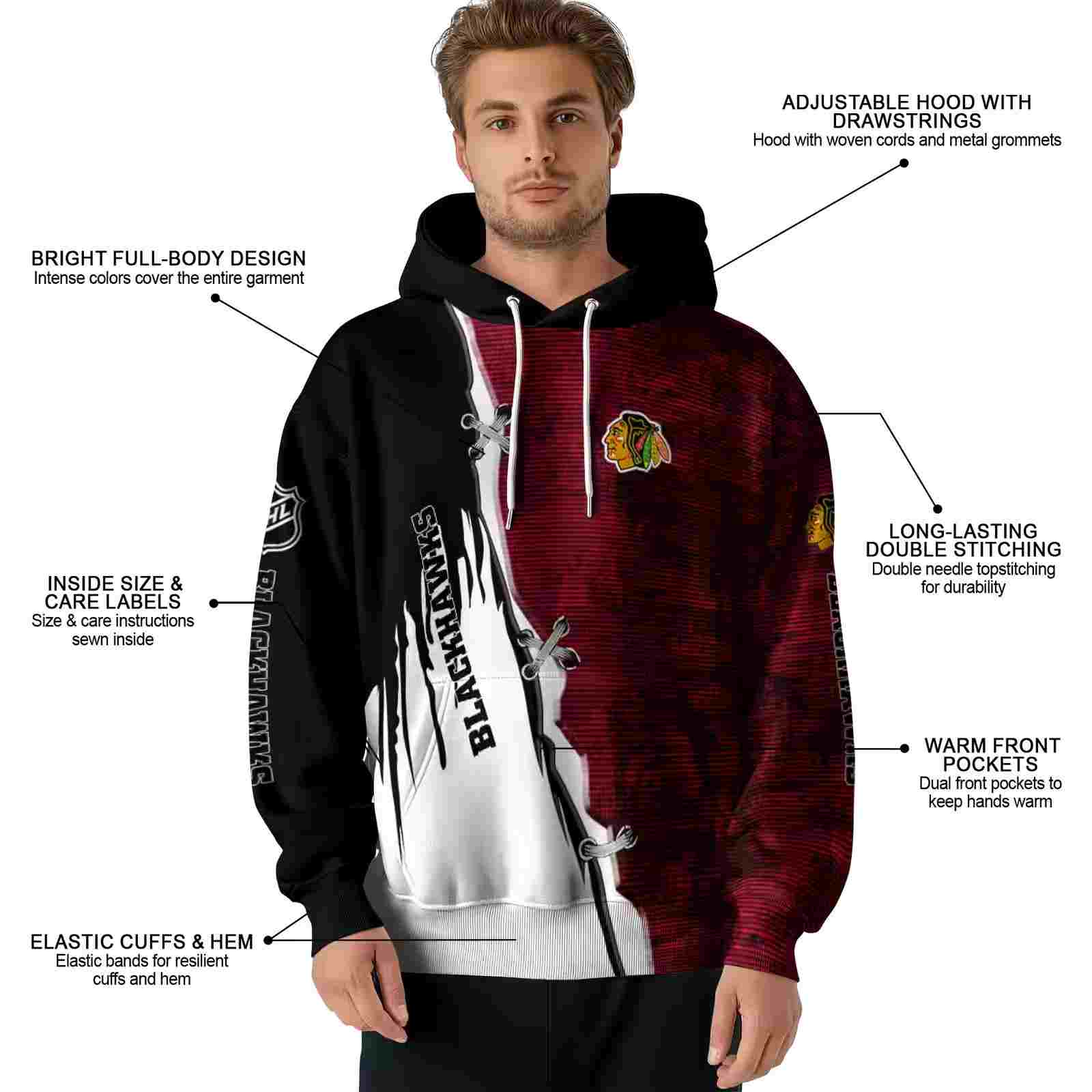 chicago blackhawks ripped pattern red black white hoodie latest model