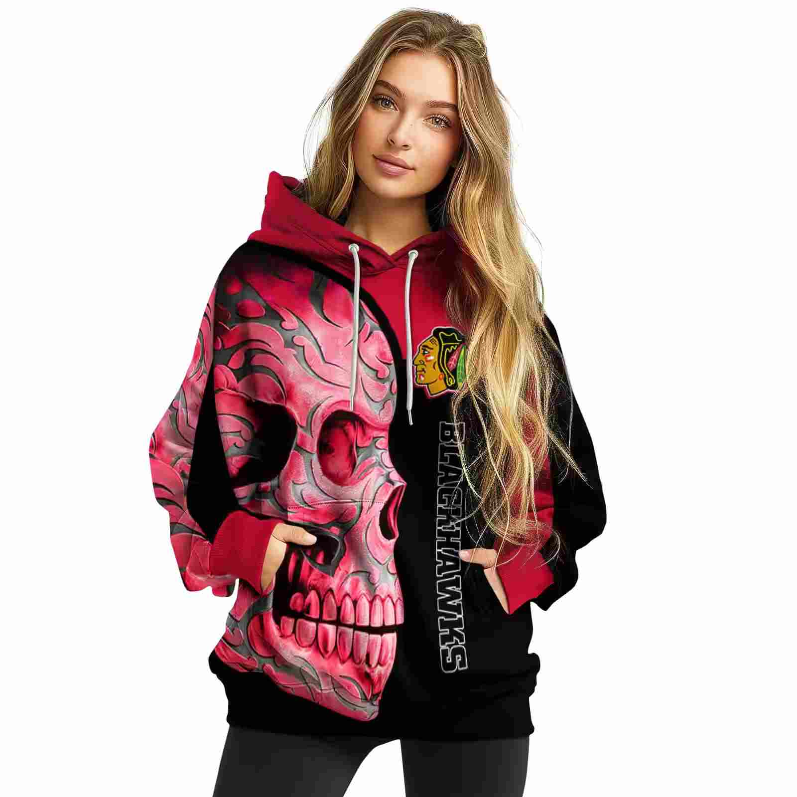 chicago blackhawks skull motif red black hoodie high quality