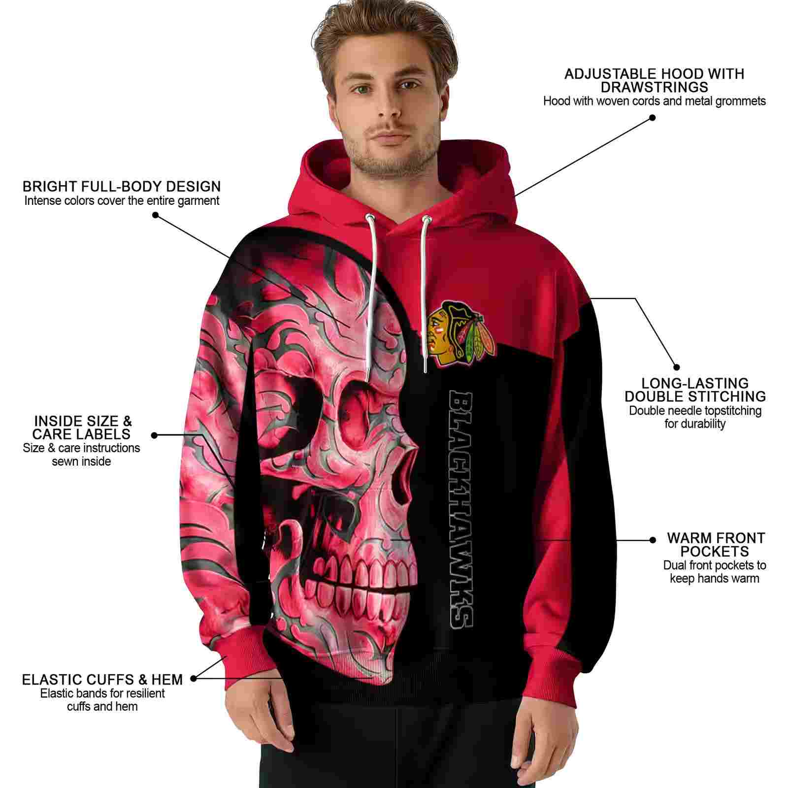 chicago blackhawks skull motif red black hoodie latest model