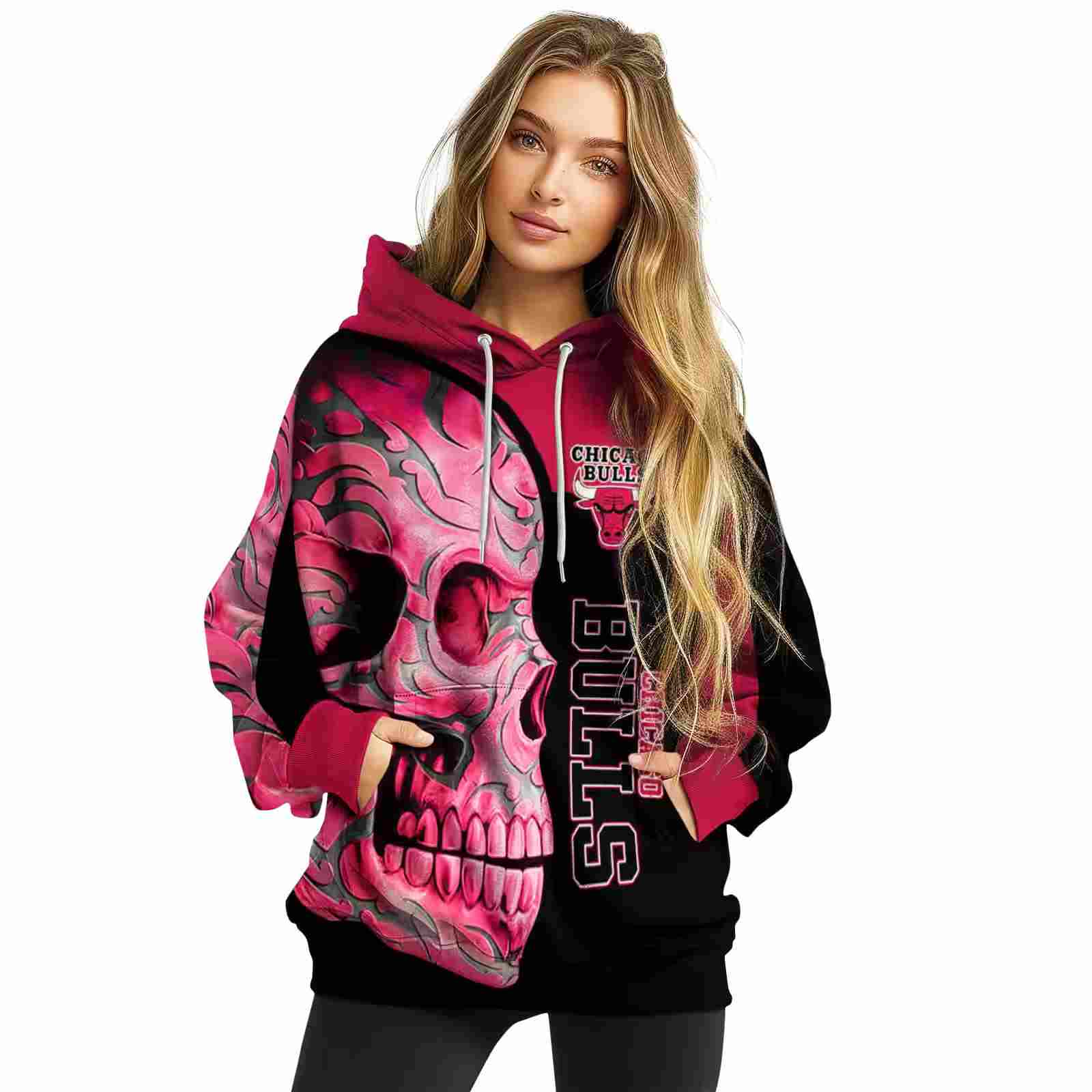 chicago bulls skull motif red black hoodie high quality