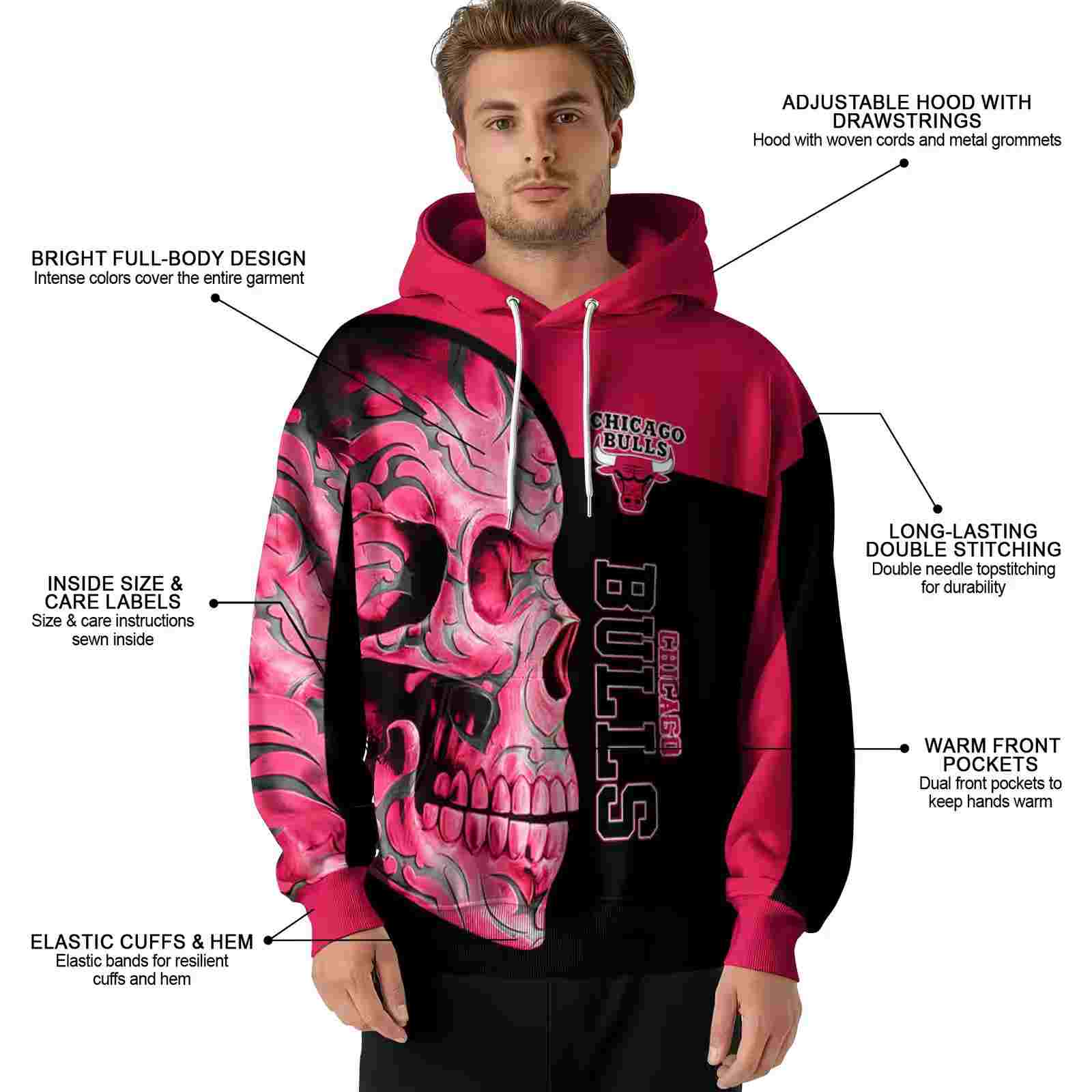 chicago bulls skull motif red black hoodie latest model