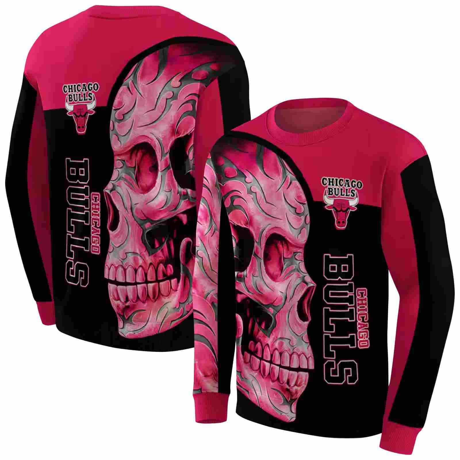 chicago bulls skull motif red black hoodie premium grade