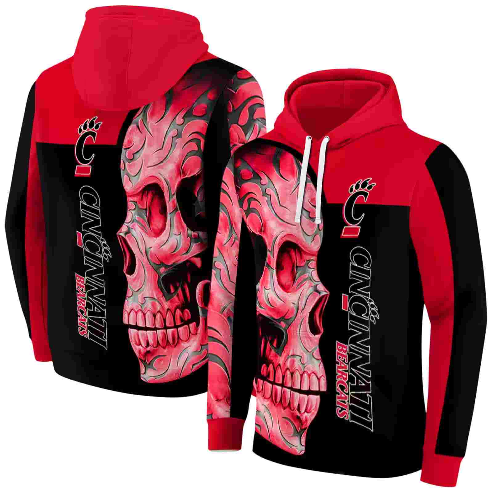 cincinnati bearcats skull motif red black hoodie fashion forward