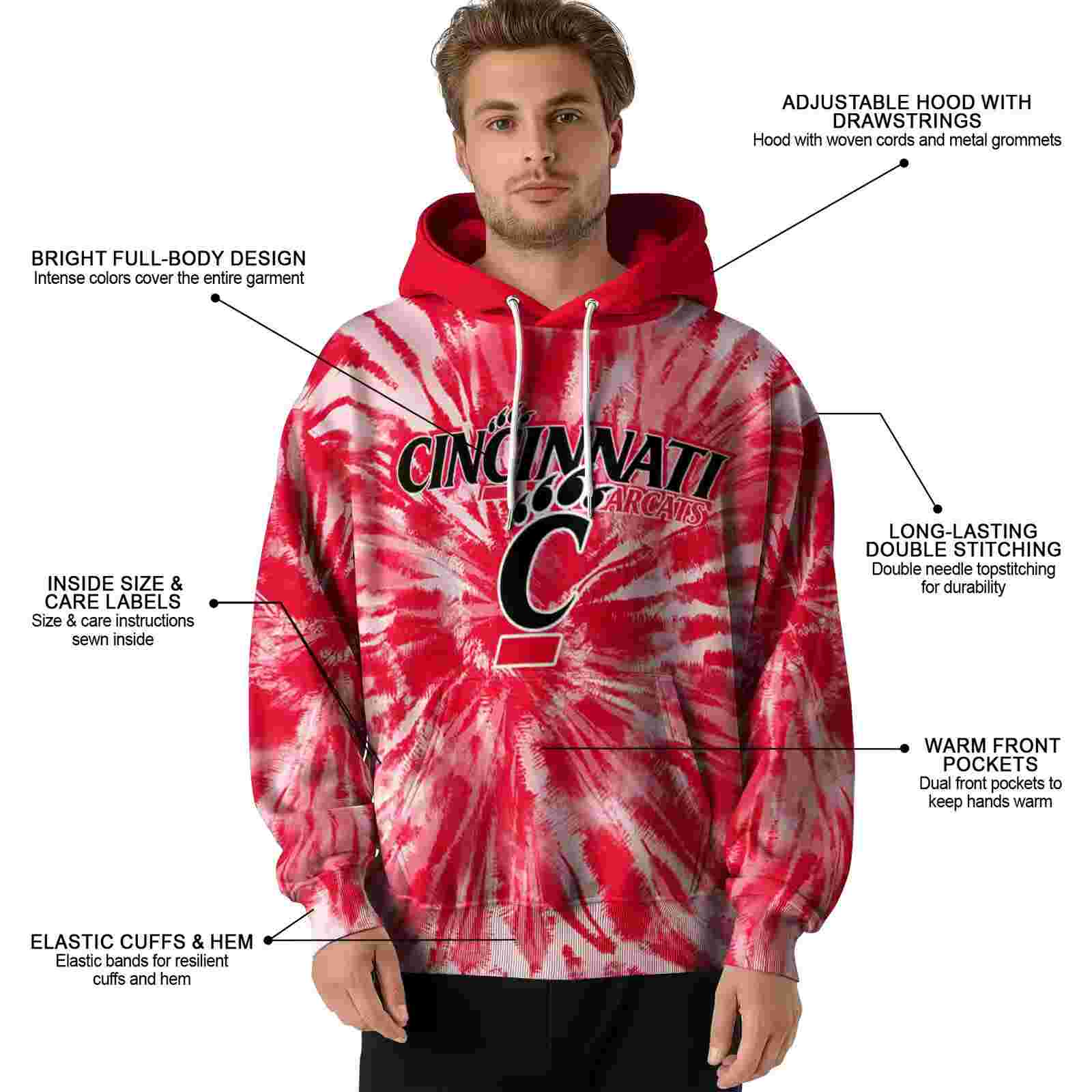 cincinnati bearcats tie dye pattern red hoodie latest model