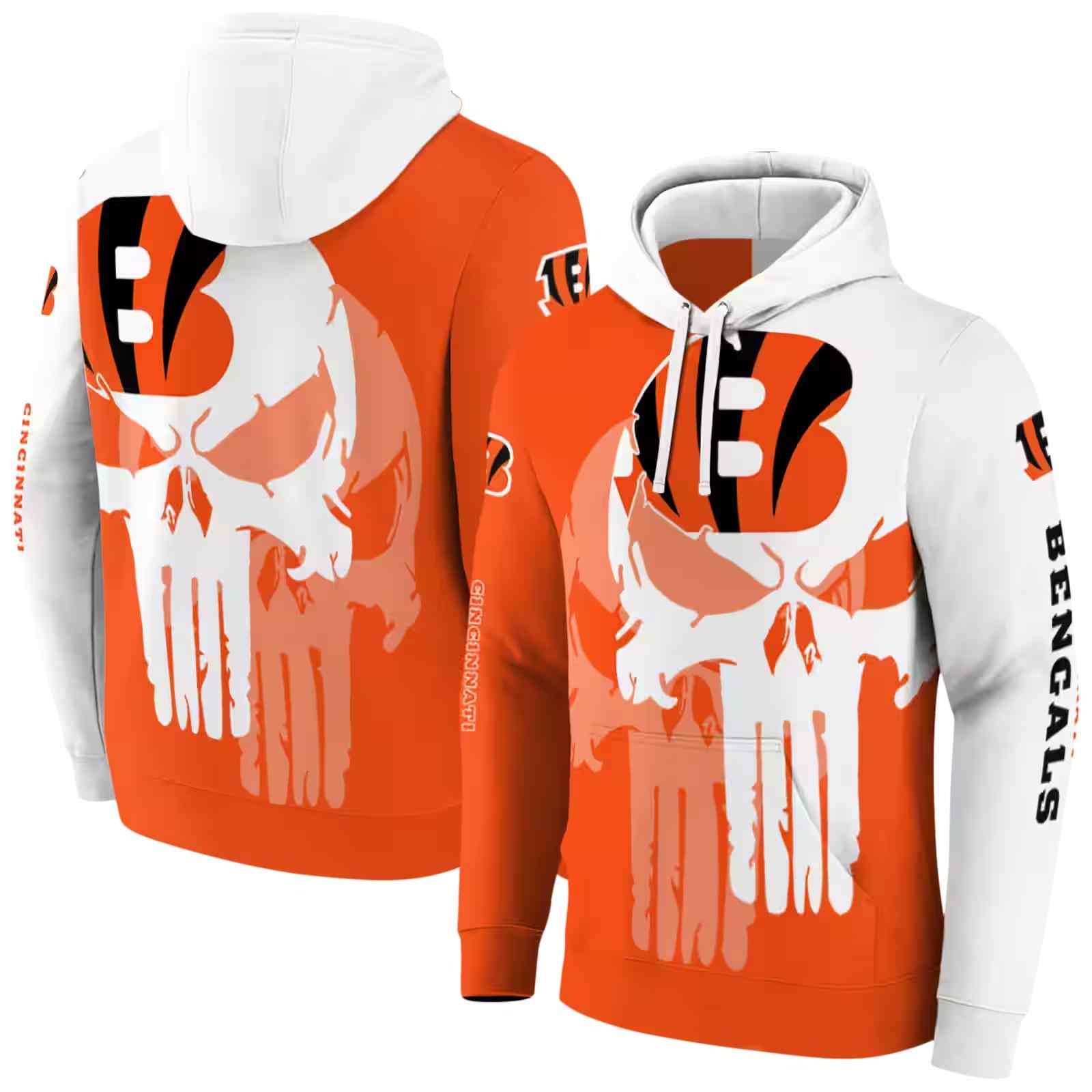 cincinnati bengals graphic punisher orange white hoodie fashion forward