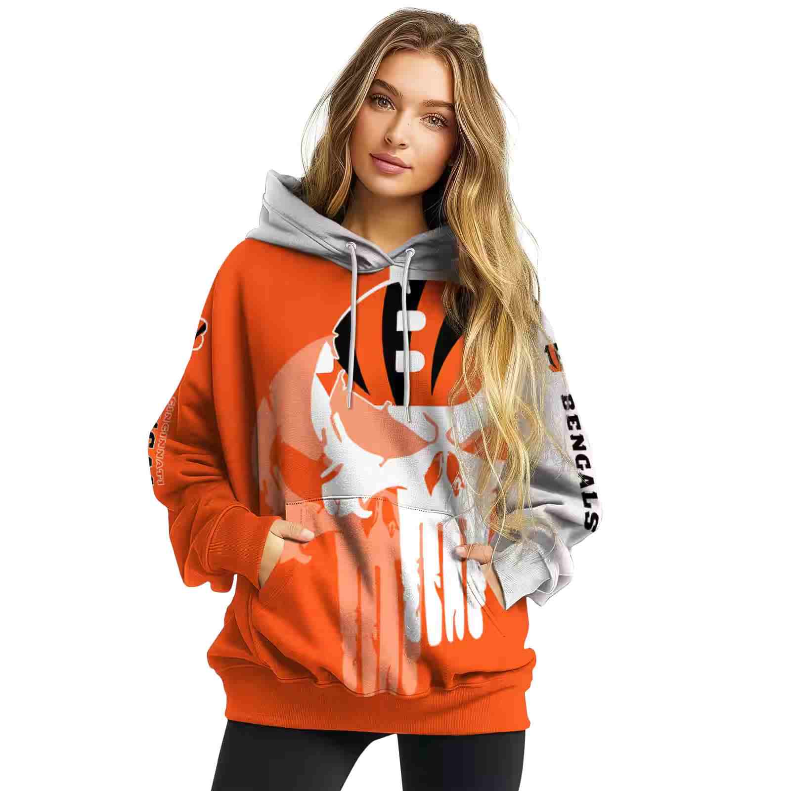 cincinnati bengals graphic punisher orange white hoodie high quality