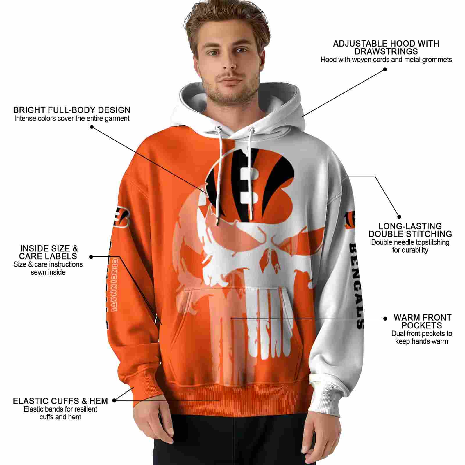 cincinnati bengals graphic punisher orange white hoodie latest model