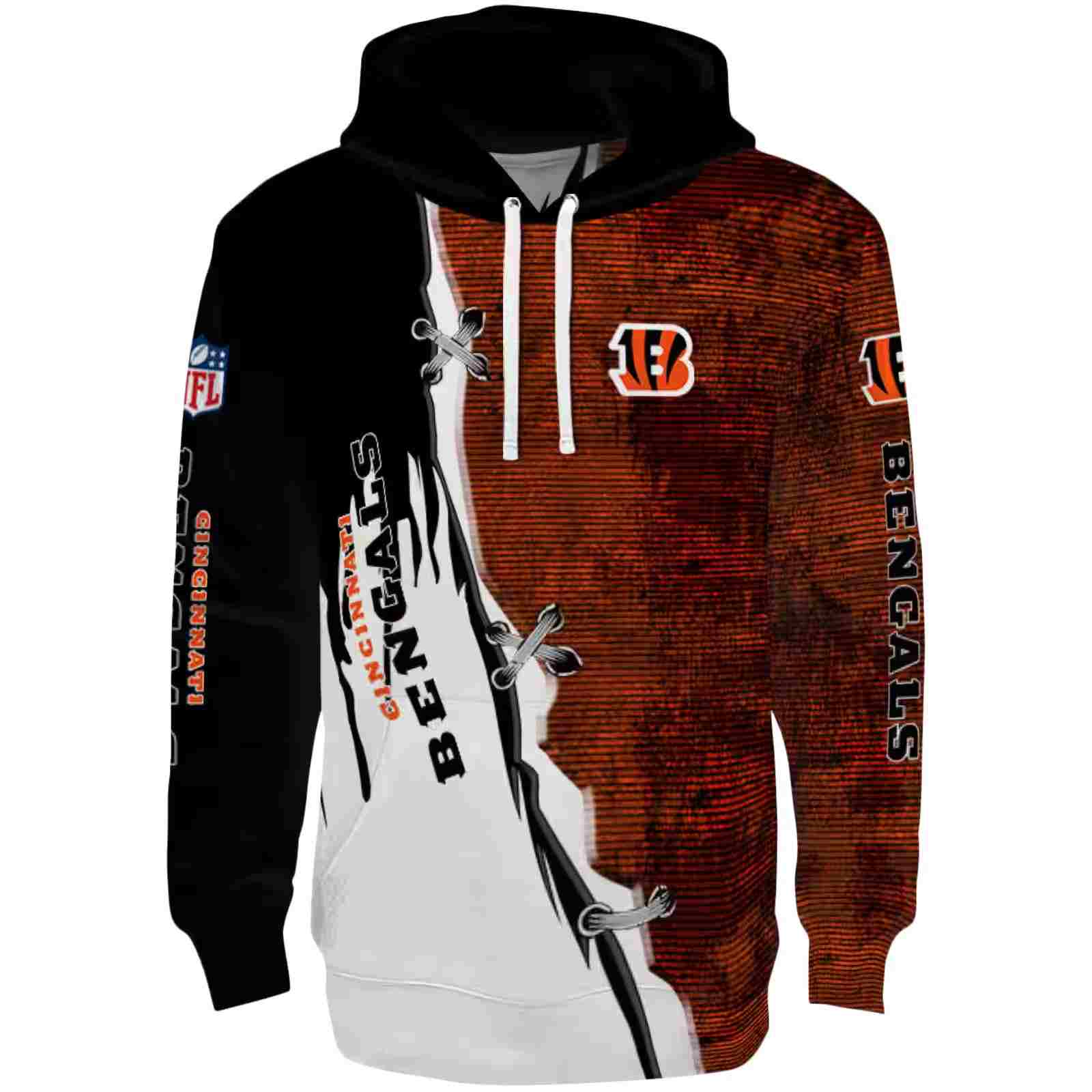 Cincinnati Bengals Ripped Pattern Orange Black White Hoodie