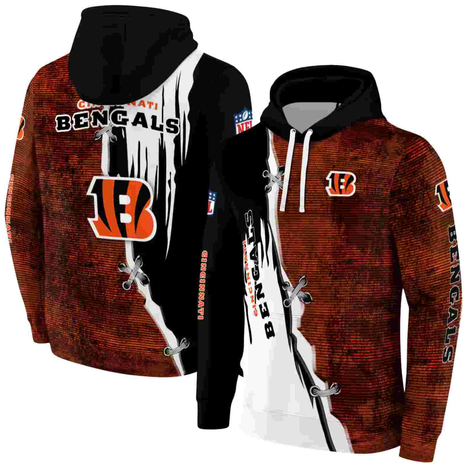 cincinnati bengals ripped pattern orange black white hoodie fashion forward