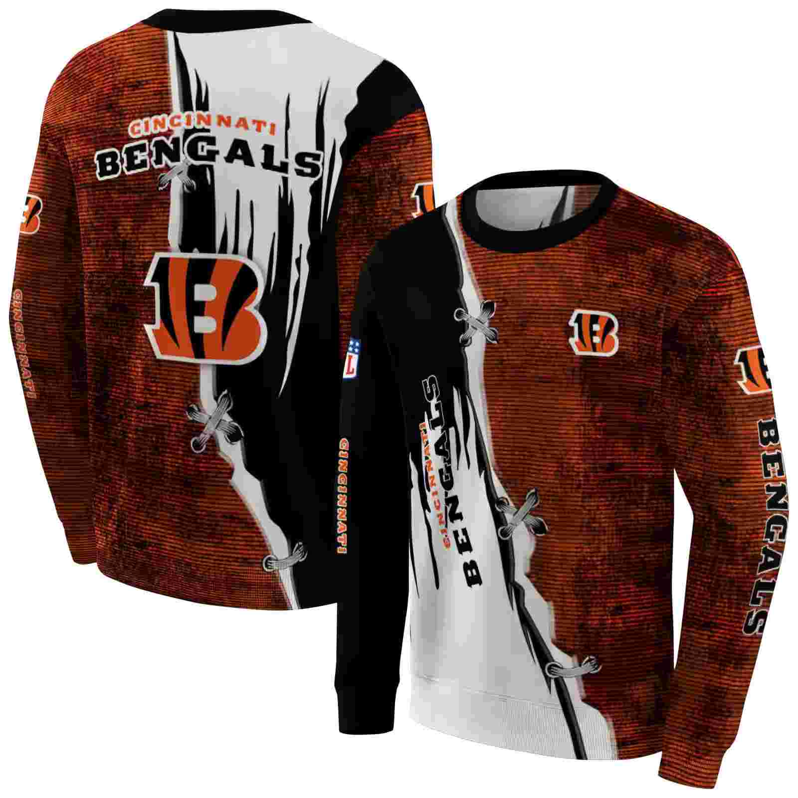 cincinnati bengals ripped pattern orange black white hoodie premium grade