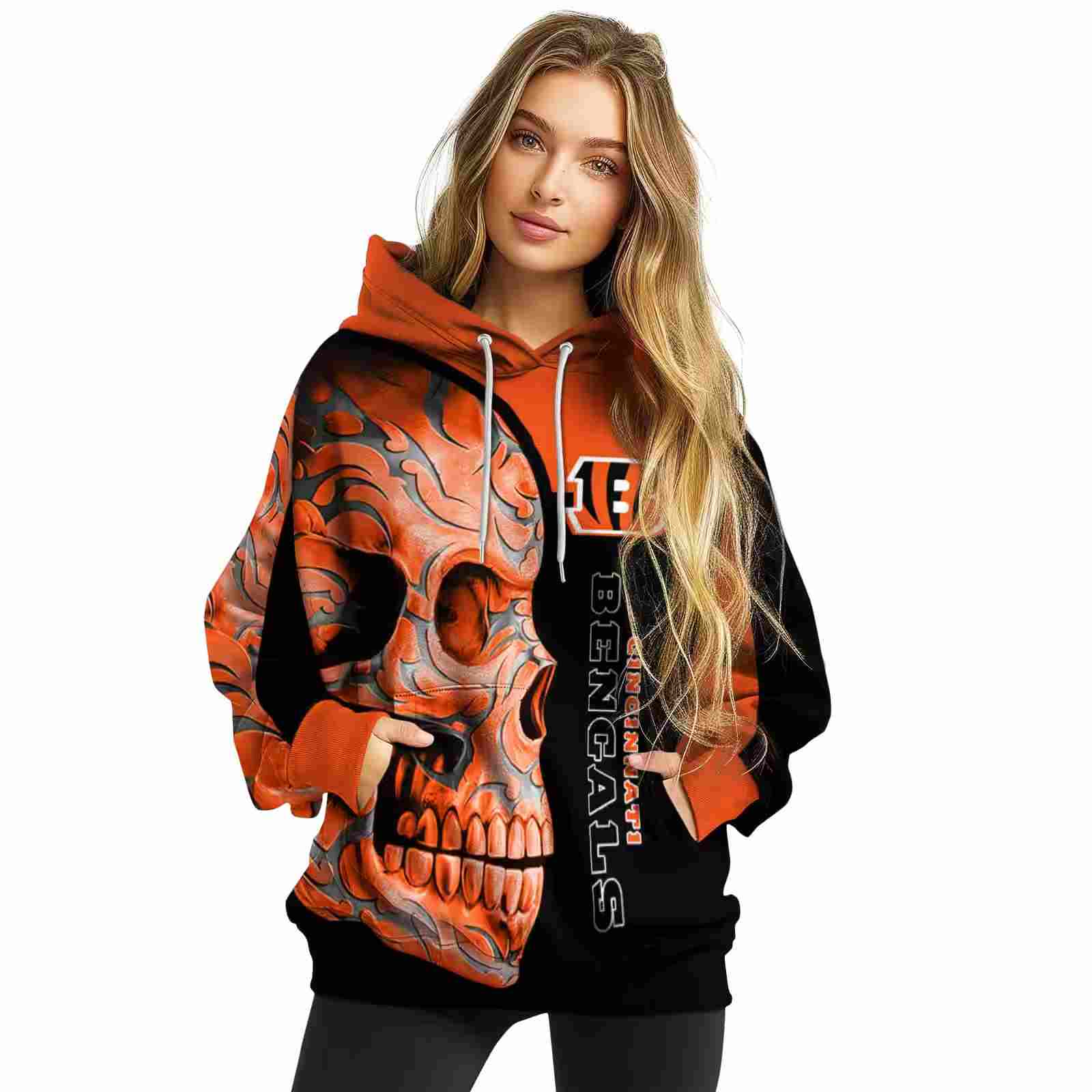 cincinnati bengals skull motif orange black hoodie high quality