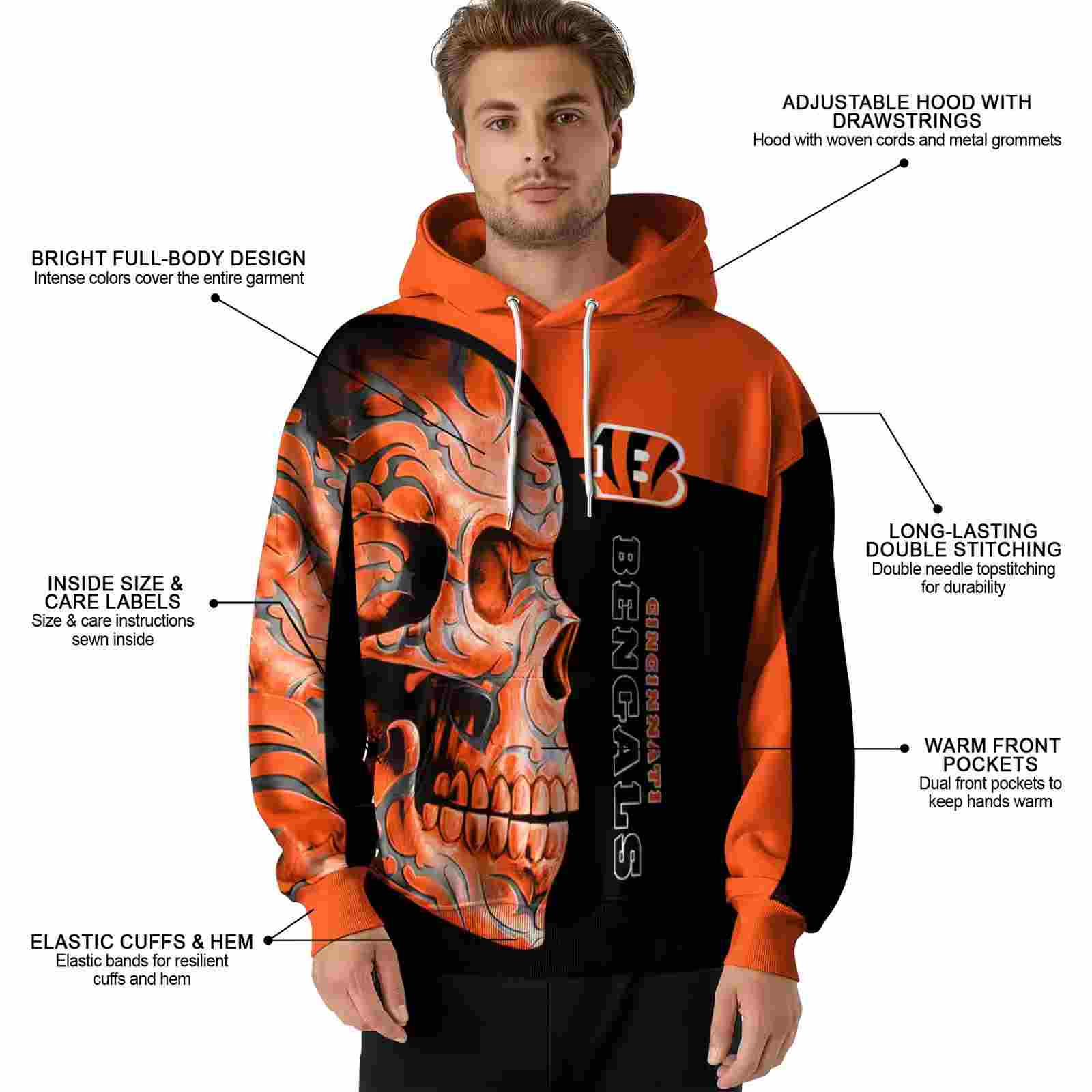 cincinnati bengals skull motif orange black hoodie latest model