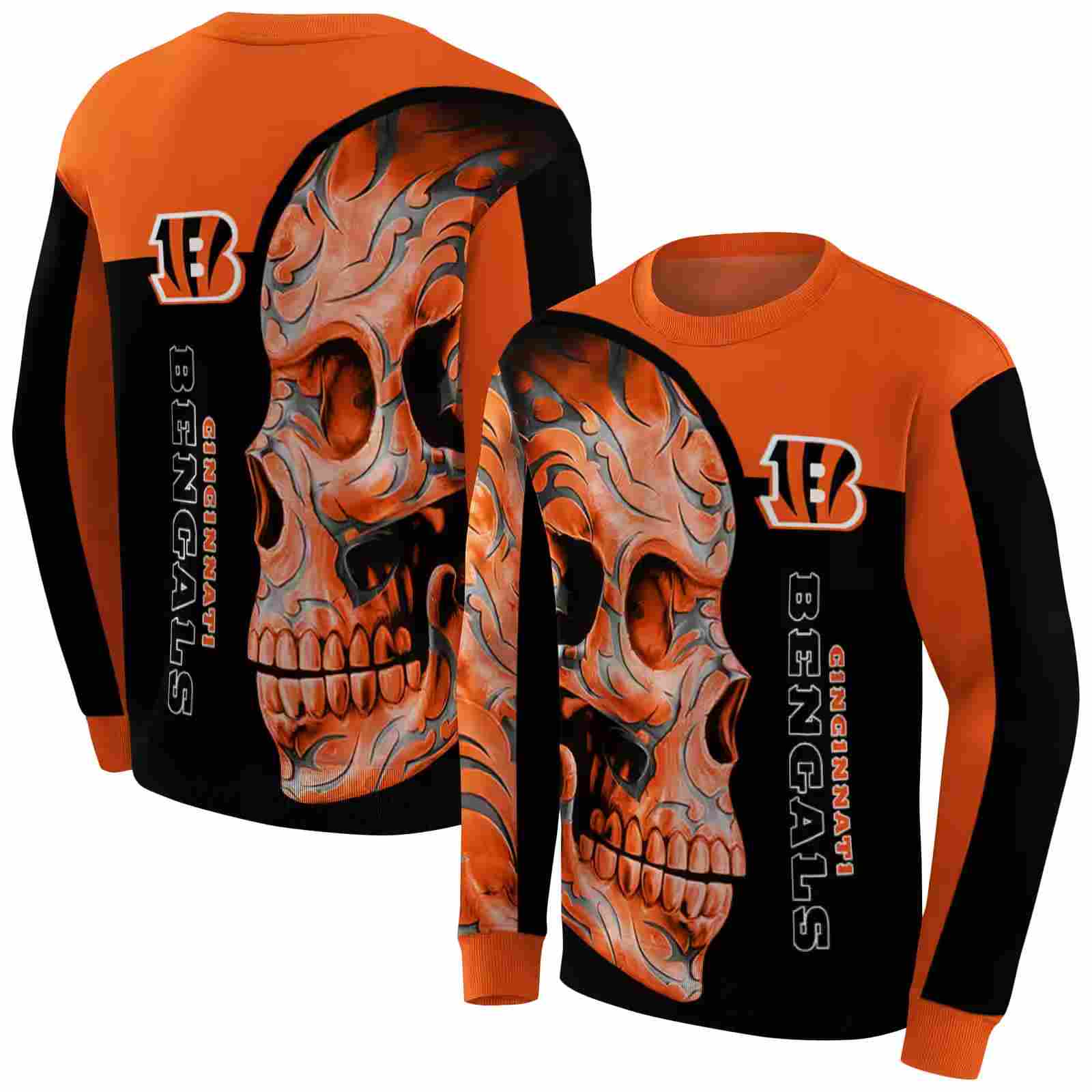 cincinnati bengals skull motif orange black hoodie premium grade