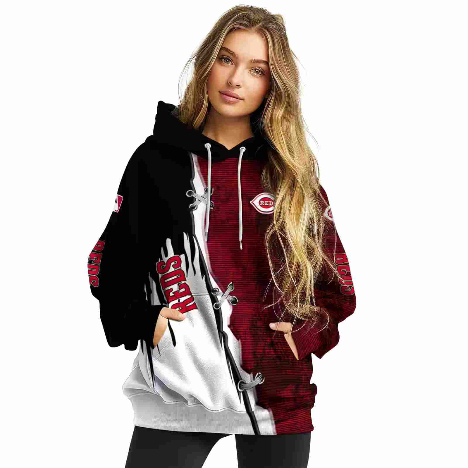 cincinnati reds ripped pattern red black white hoodie high quality