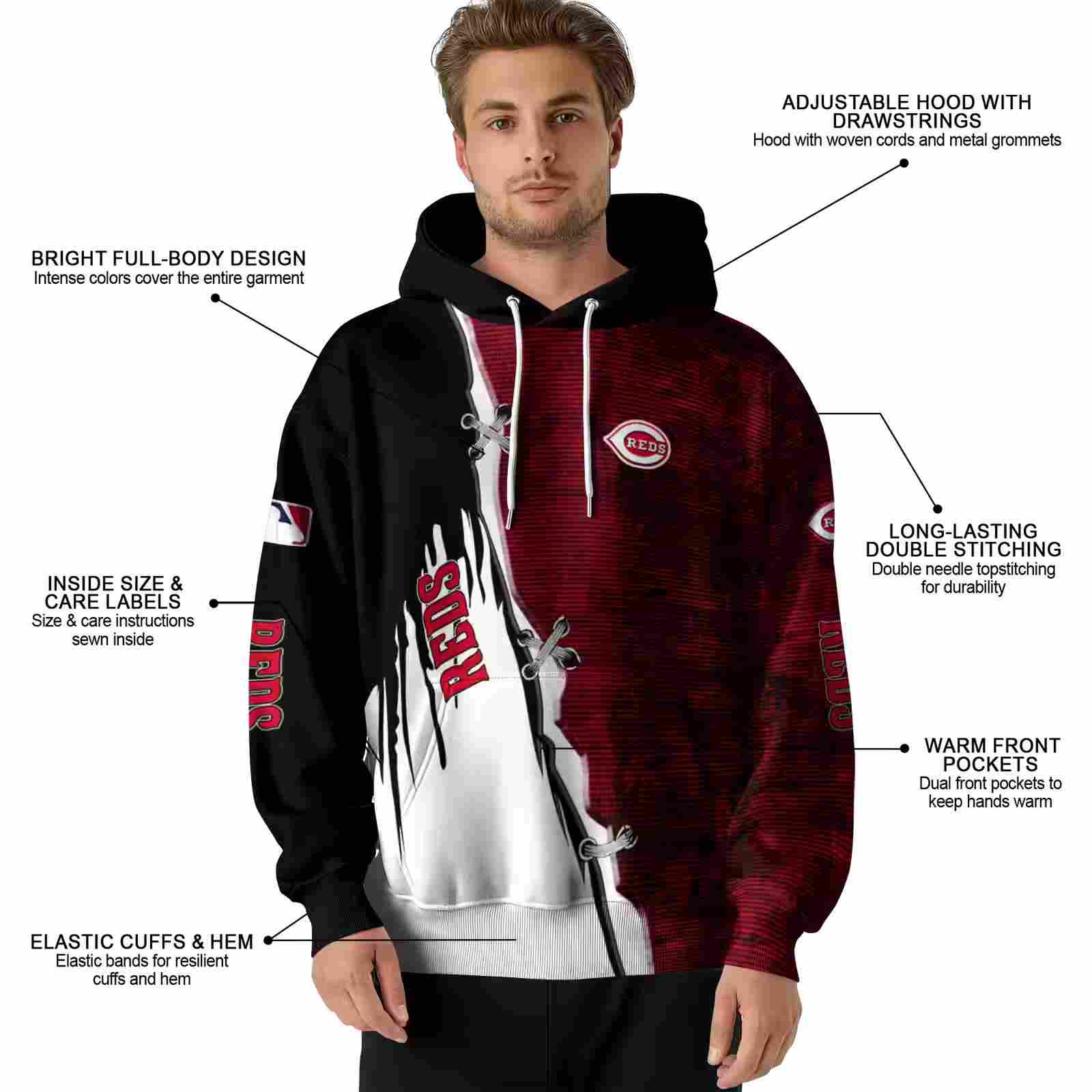 cincinnati reds ripped pattern red black white hoodie latest model