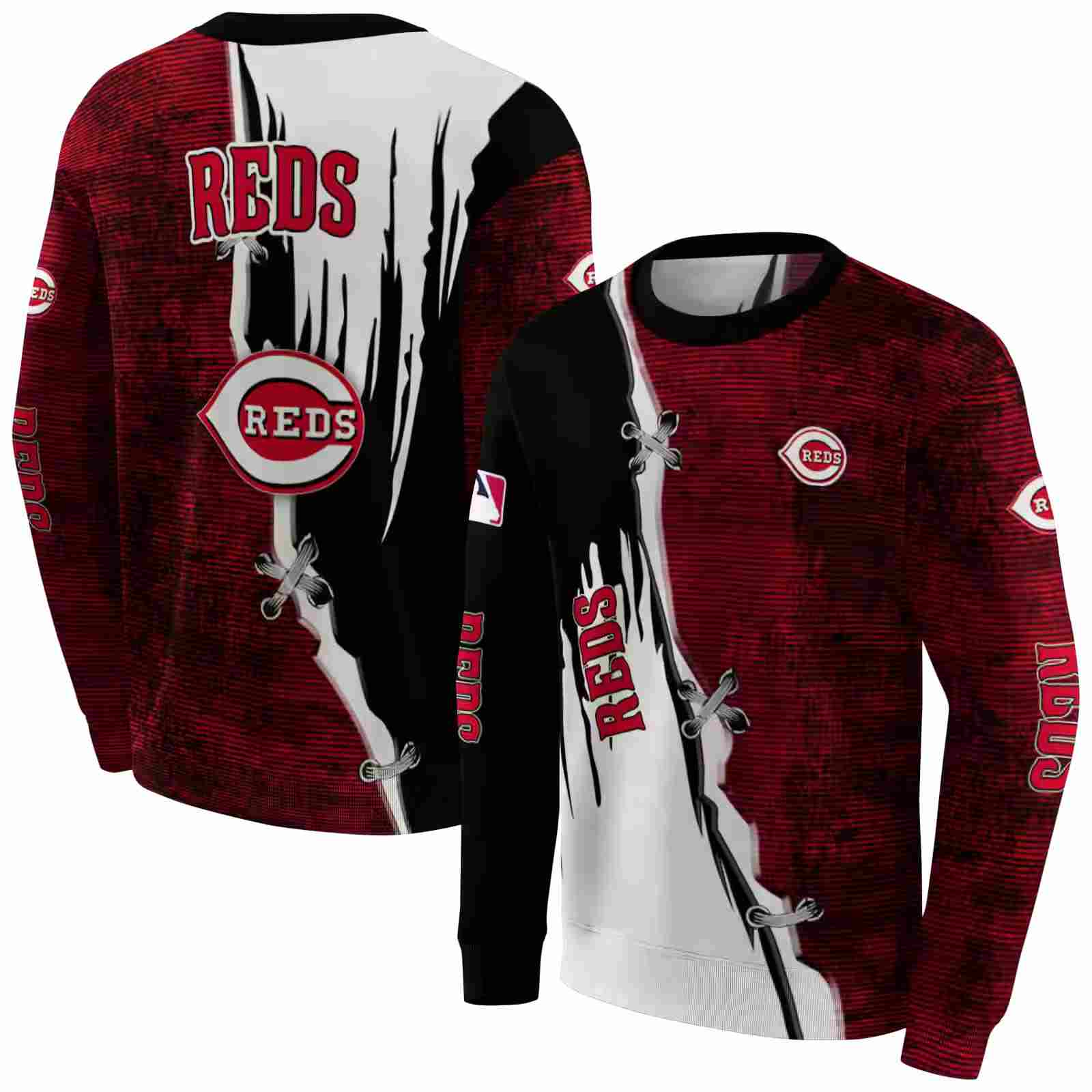 cincinnati reds ripped pattern red black white hoodie premium grade